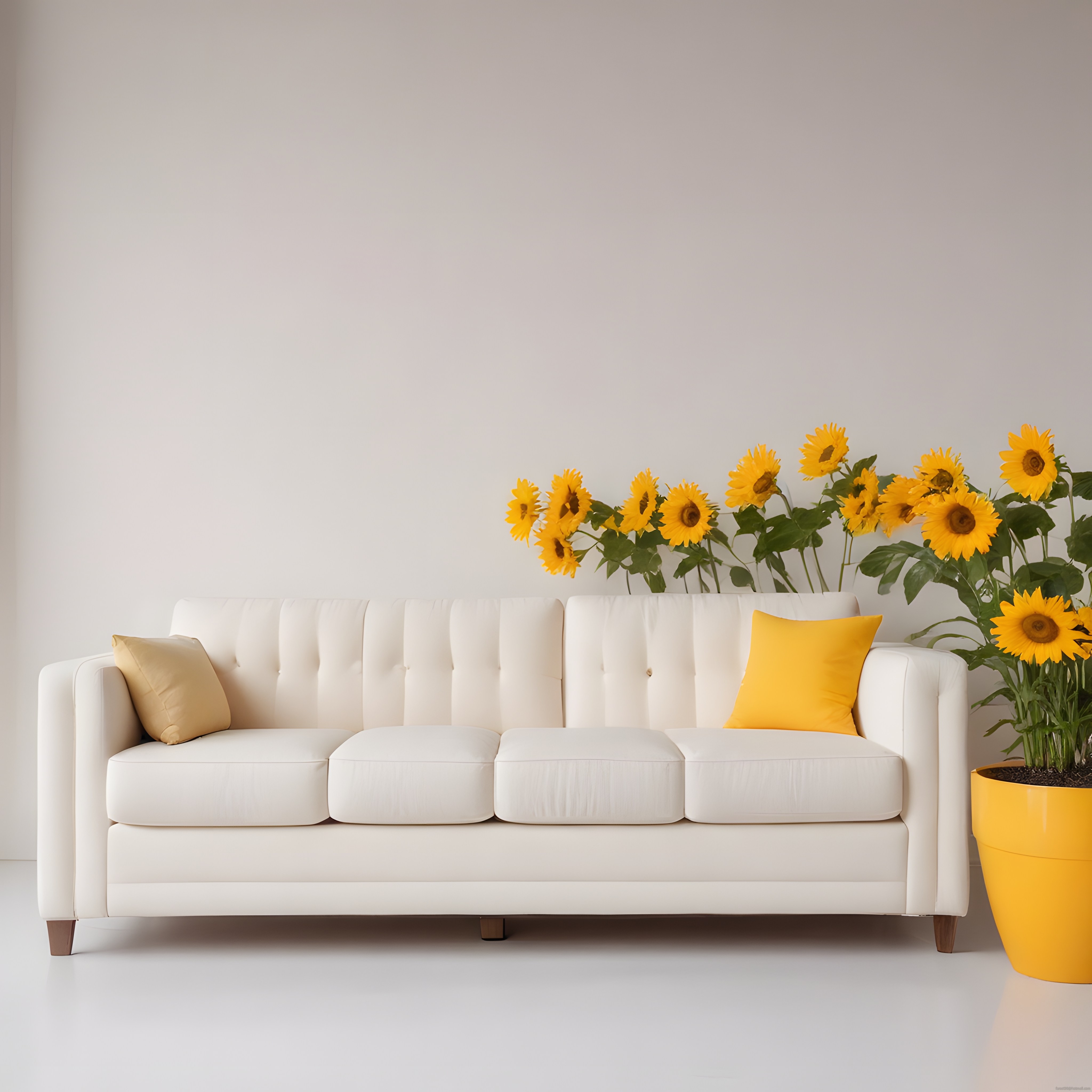 Beyaz Kanepe ve Ayçiçekleriyle Ferah Minimalist Salon Dekorasyonu