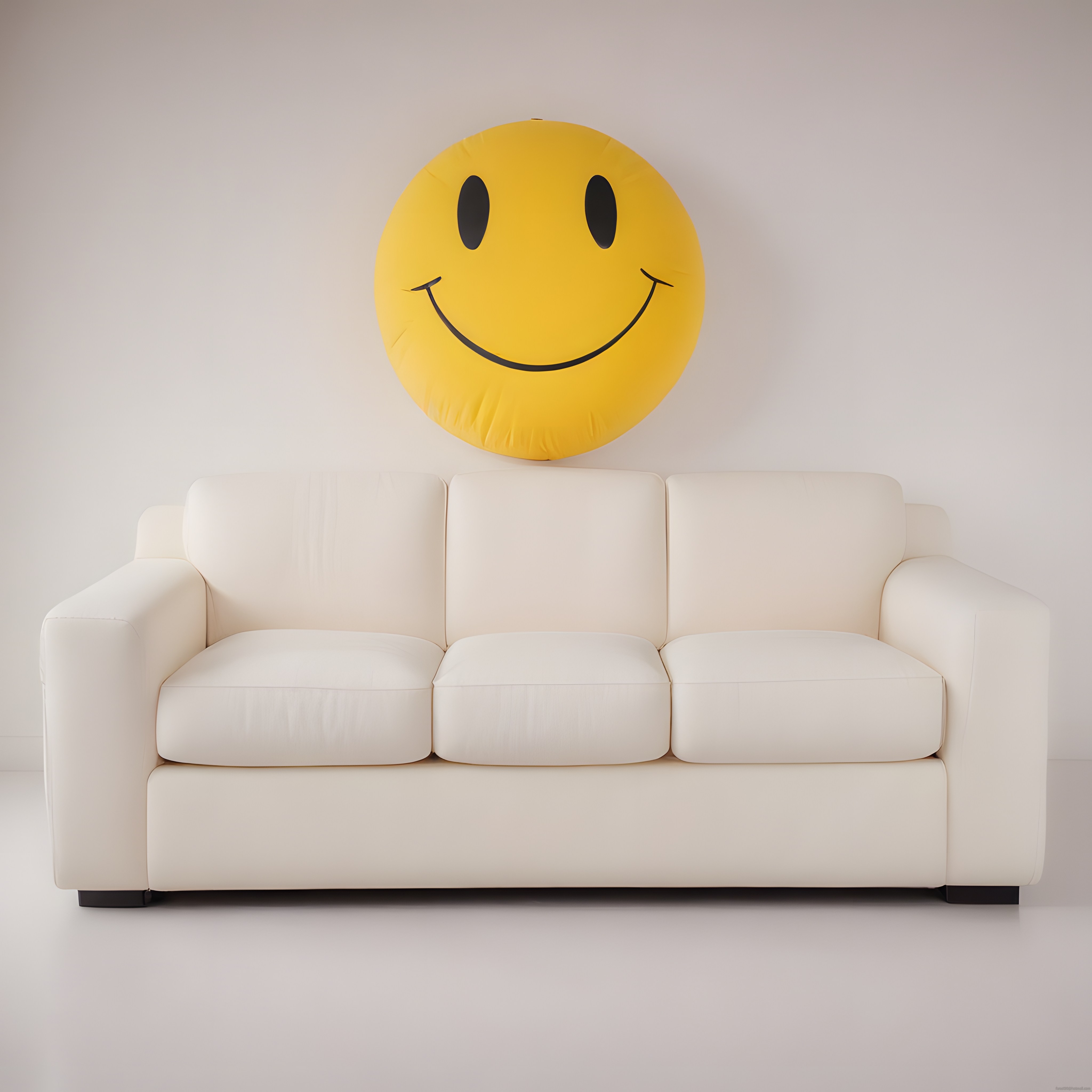 Beyaz Kanepe ve Duvara Asılı Dev Sarı Smiley Yüz Yastığıyla Sade Salon