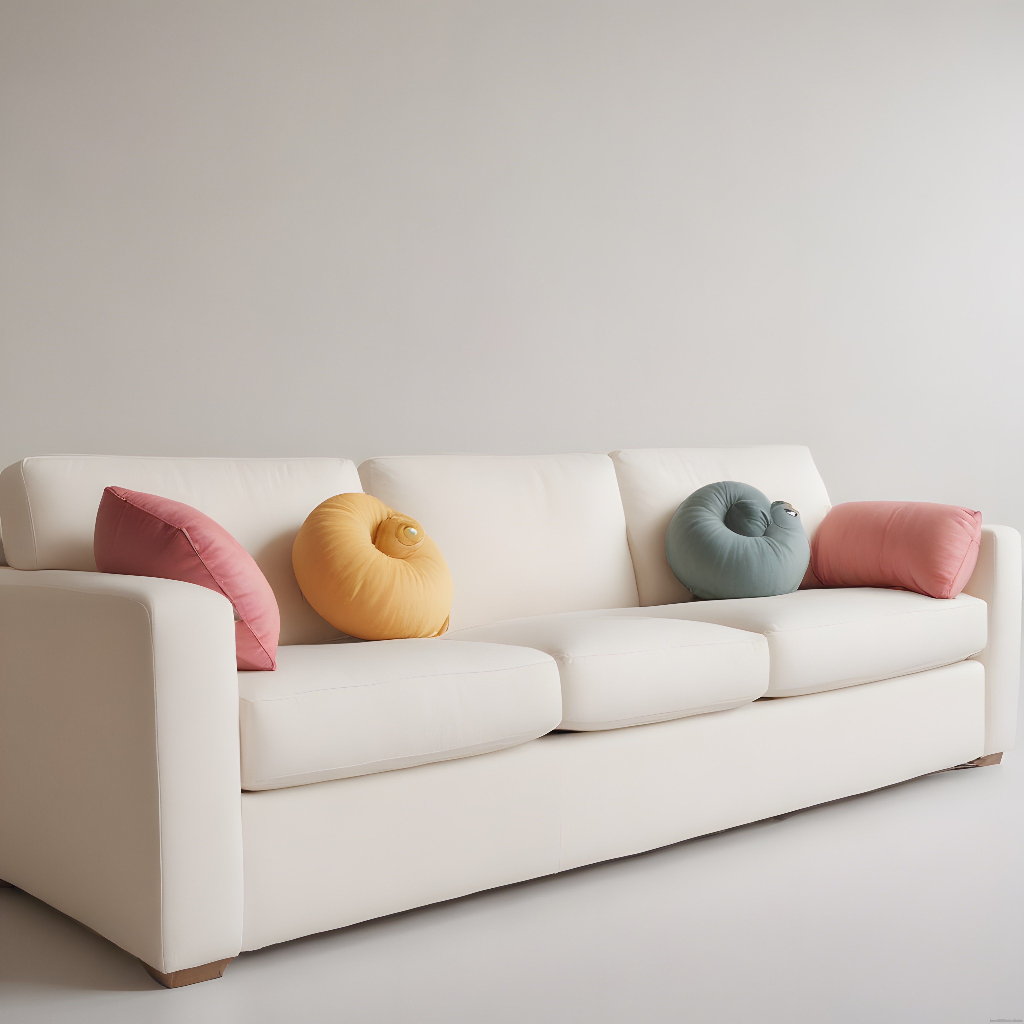 Beyaz Kanepe ve Renkli Yuvarlak Yastıklarla Minimalist Oturma Odası Dekoru