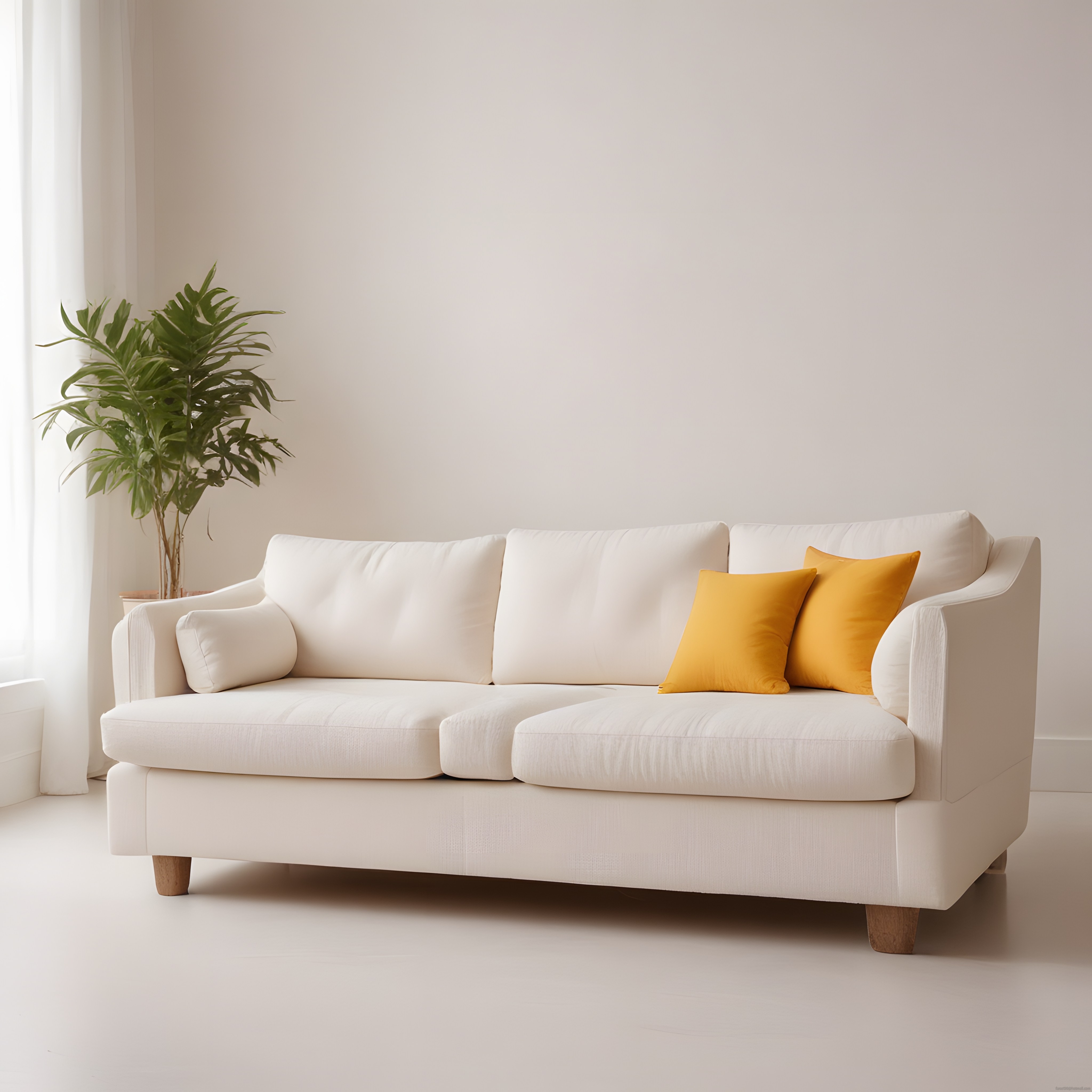 Beyaz Kanepe ve Sarı Yastıklarla Aydınlık Modern Salon Dekorasyonu