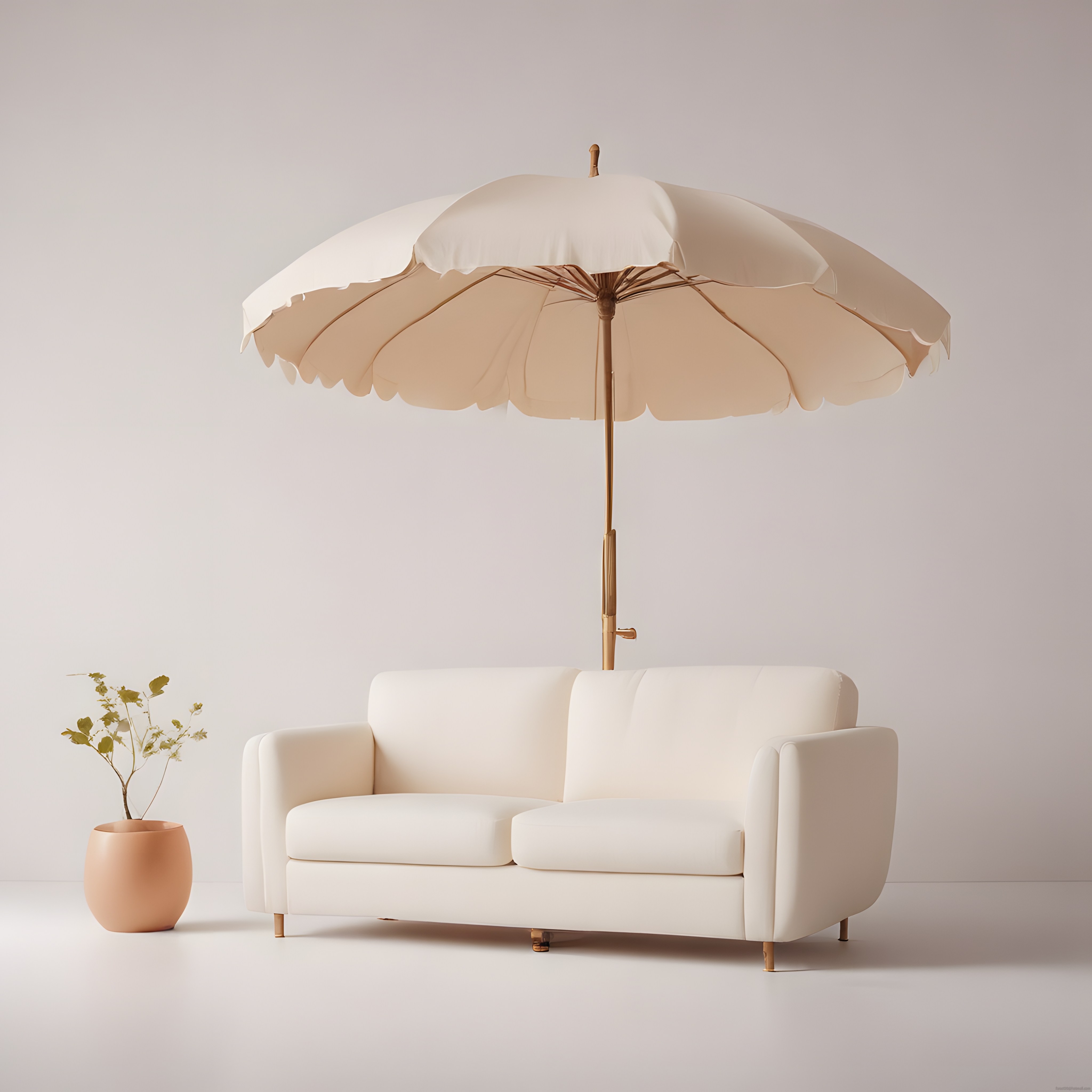 Beyaz Kanepe ve Şık Şemsiyeli Sıcak Tonlu Minimalist Ev Dekoru