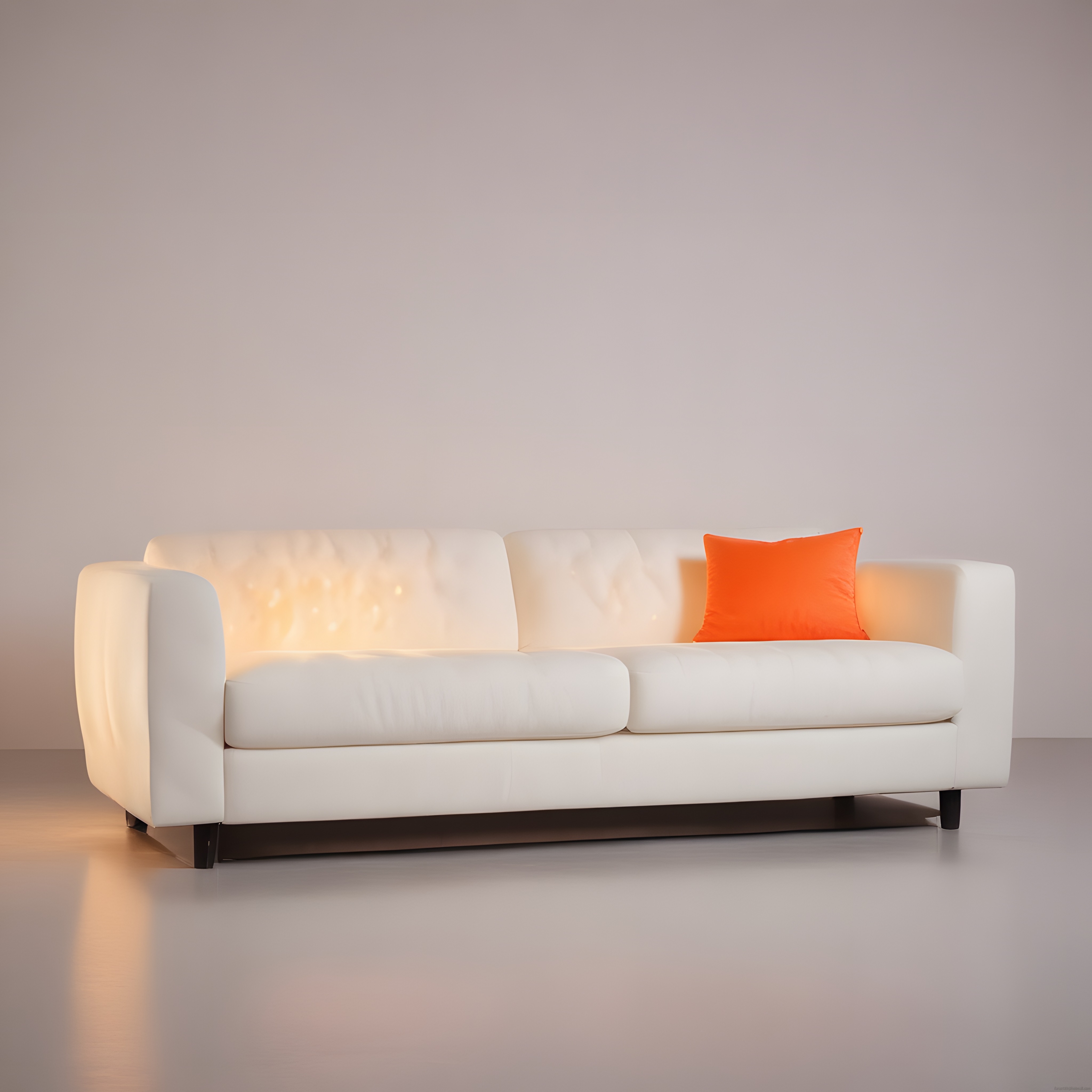 Beyaz kanepe ve turuncu kırlentle minimalist oturma odası dekorasyonu