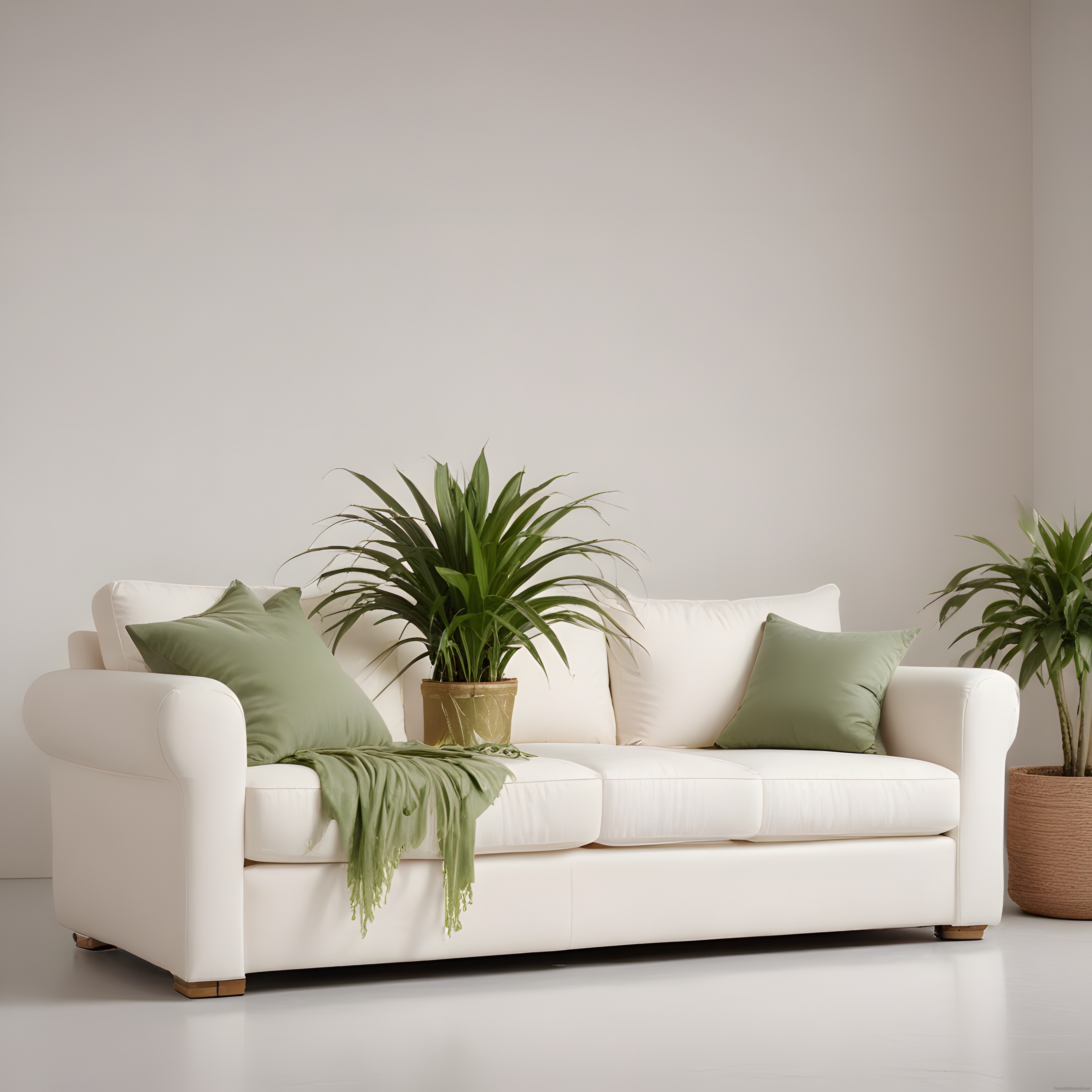 Beyaz Kanepe ve Yeşil Bitkilerle Ferah Modern Salon Dekorasyonu