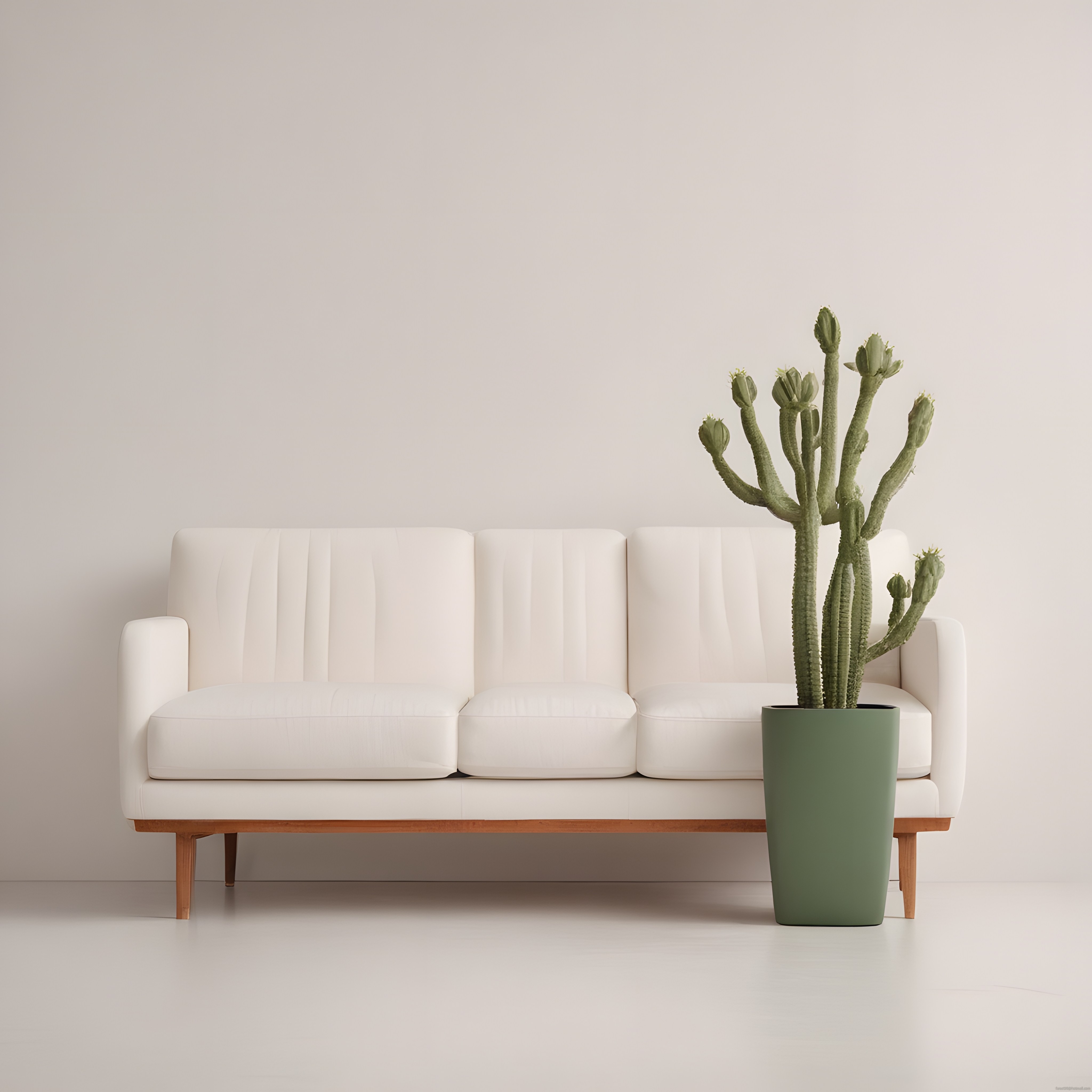 Beyaz Kanepe ve Yeşil Kaktüs ile Huzurlu ve Modern Minimalist Salon Dekoru