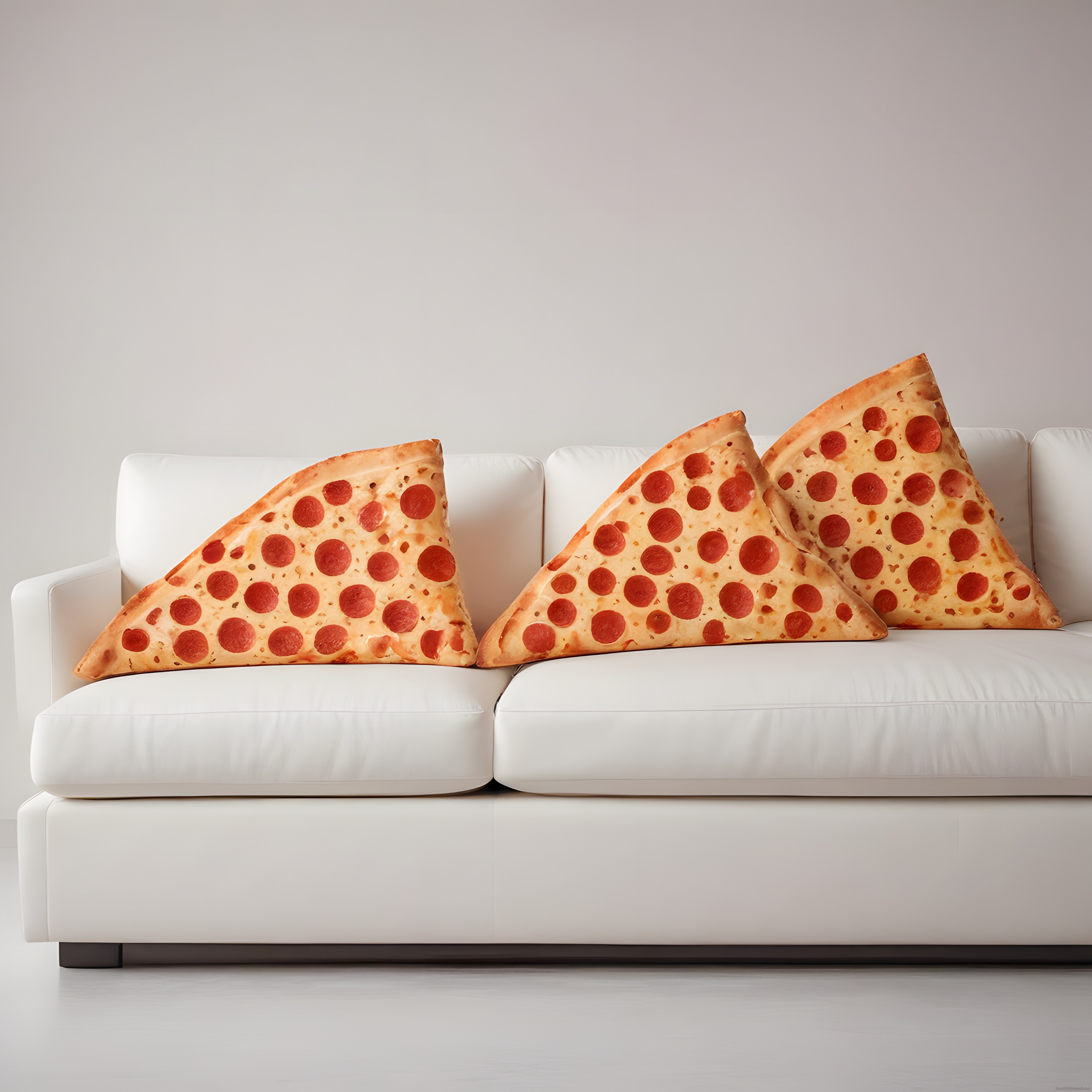 Beyaz kanepede pepperonili pizza dilimi tasarımlı üçgen yastıklar ve şık dekorasyon