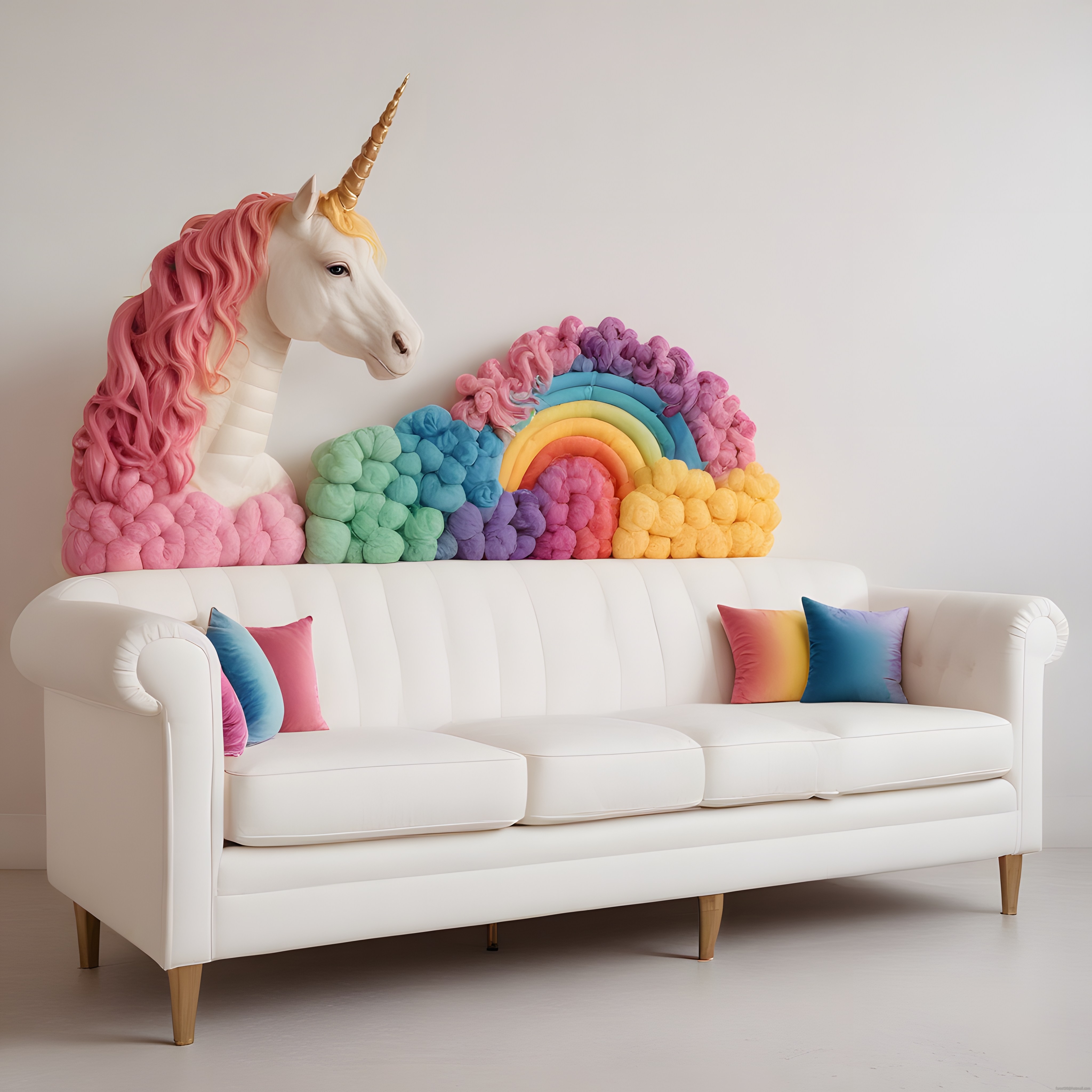 Beyaz Kanepede Unicorn ve Gökkuşağı Temalı Renkli Çocuk Odası Dekorasyonu