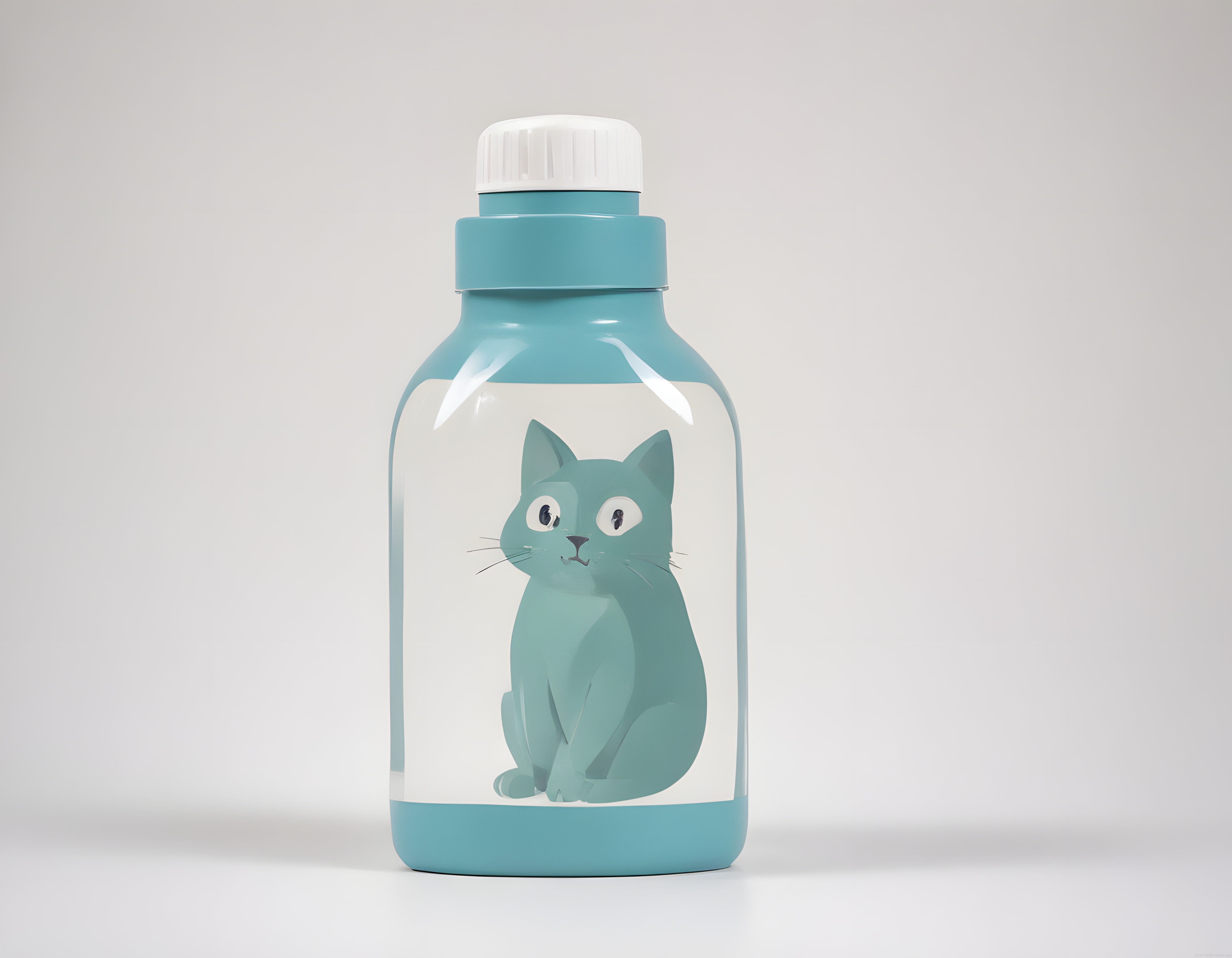Beyaz Kapaklı Turkuaz Şişede Oturan Sevimli Karikatür Kedi Figürü