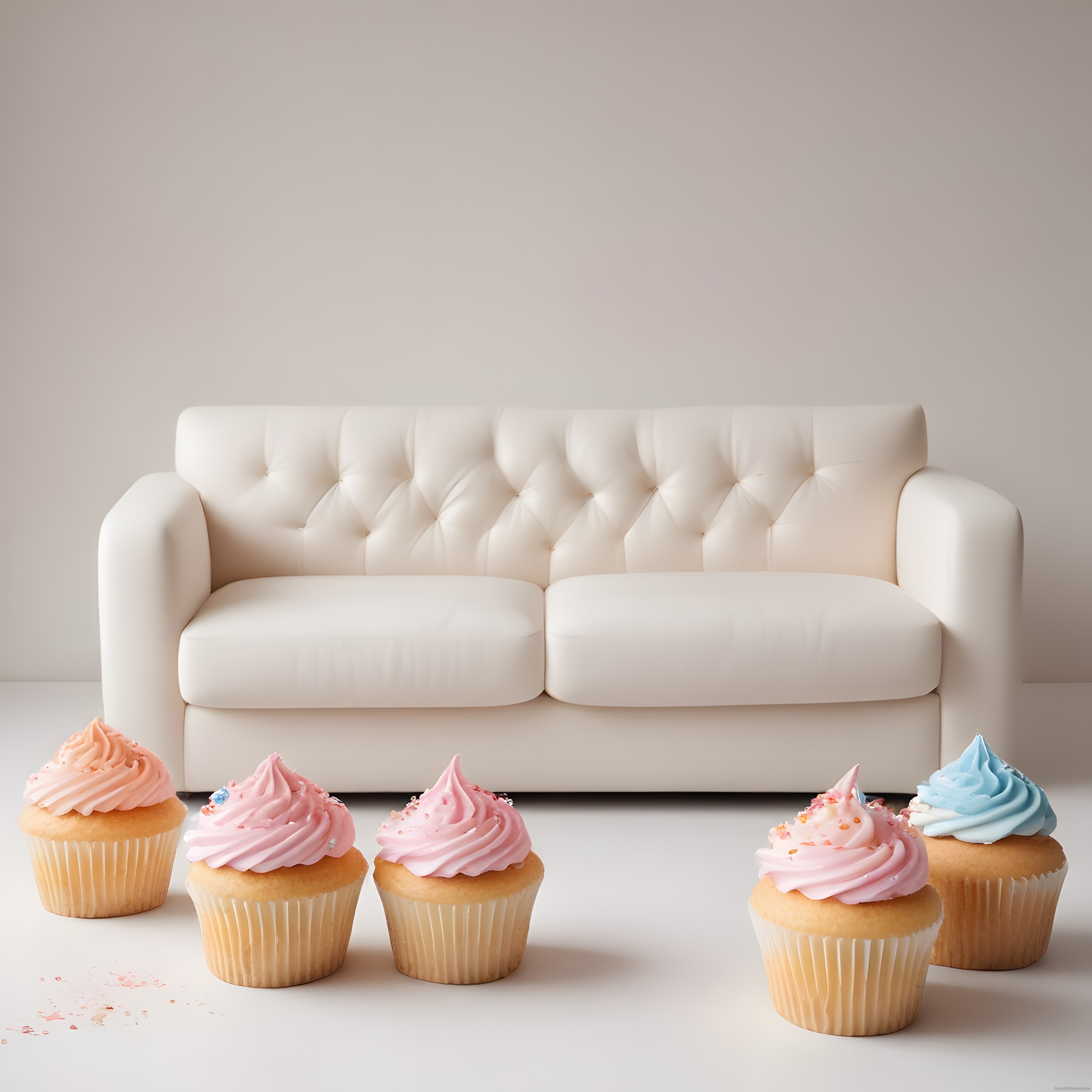 Beyaz Kapitone Koltuk Önünde Renkli Cupcakeler ile Dekoratif Tatlı Sunumu