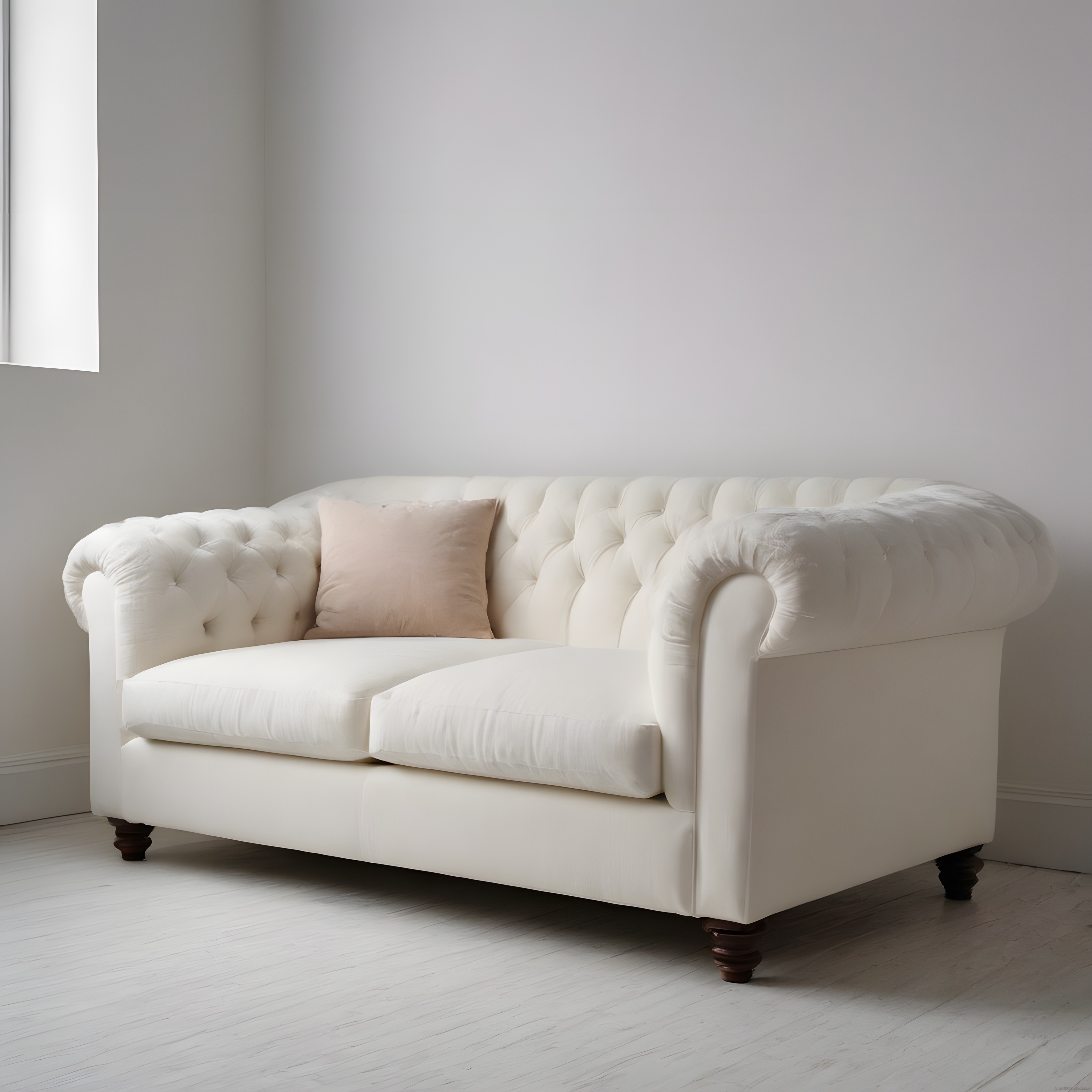Beyaz Kapitoneli Chesterfield Kanepe ve Pudra Yastıkla Minimalist Oda Stili