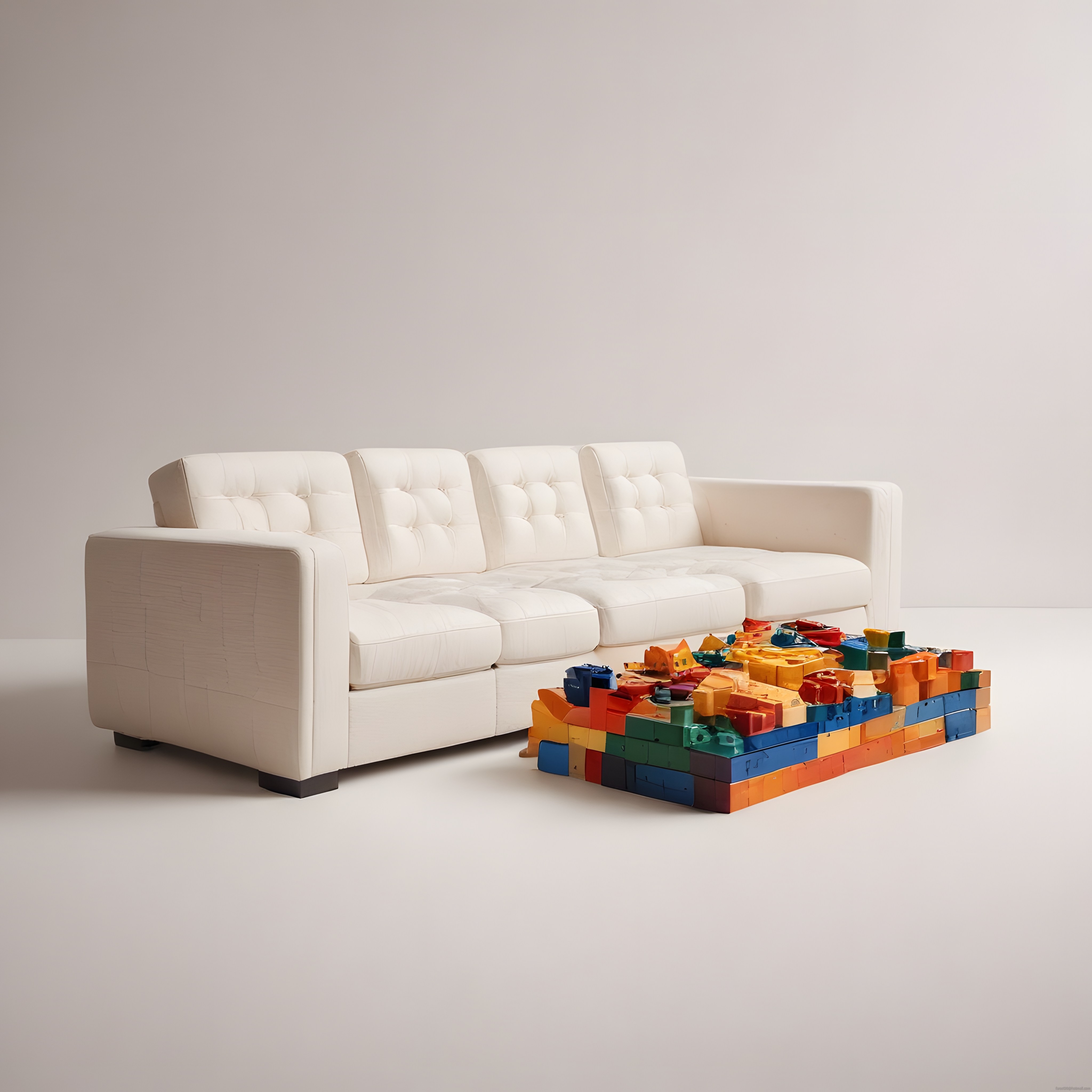 Beyaz kapitoneli kanepe önünde renkli lego bloklarından yapılmış tasarım sehpa