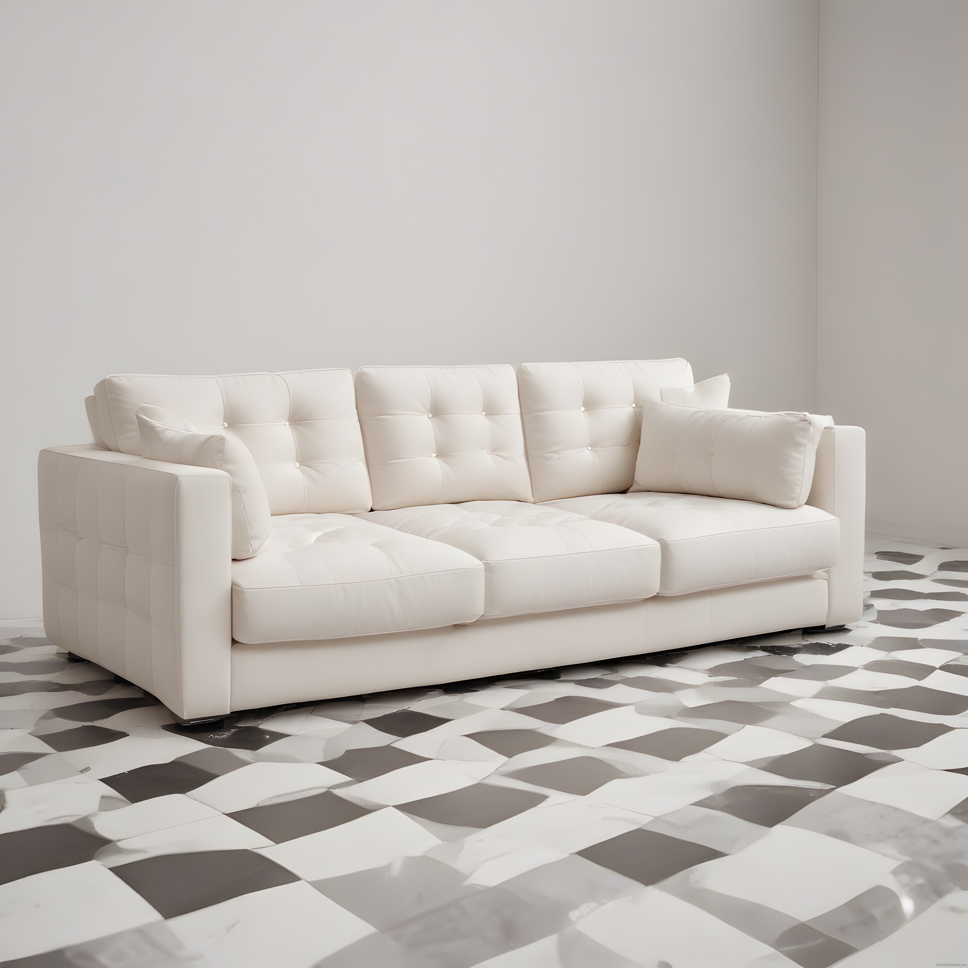 Beyaz Kapitoneli Modern Kanepe ve Geometrik Desenli Zemin ile Şık Salon
