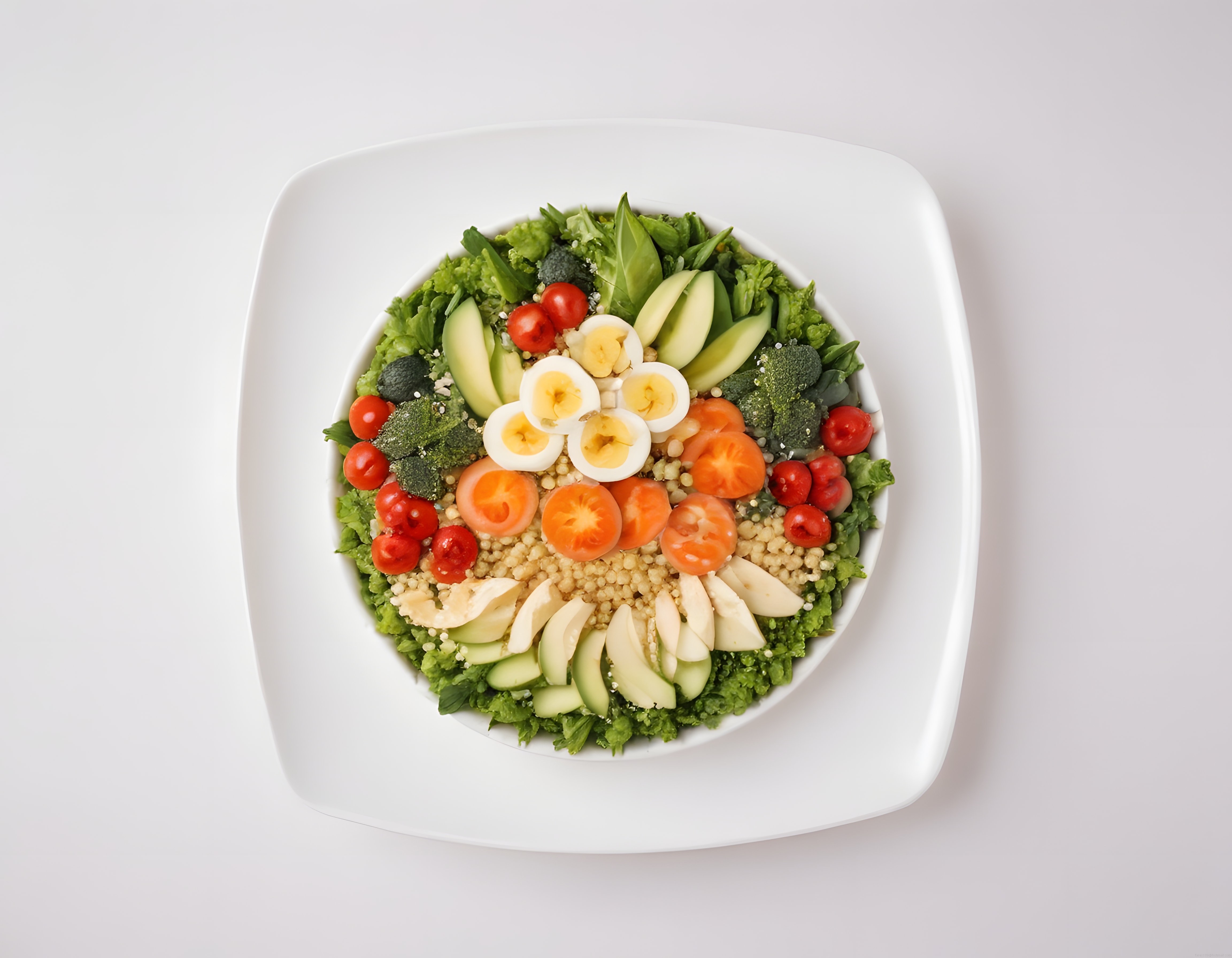 Beyaz Kapta Çeşitli Sebzelerle Hazırlanmış Sağlıklı ve Renkli Protein Salatası
