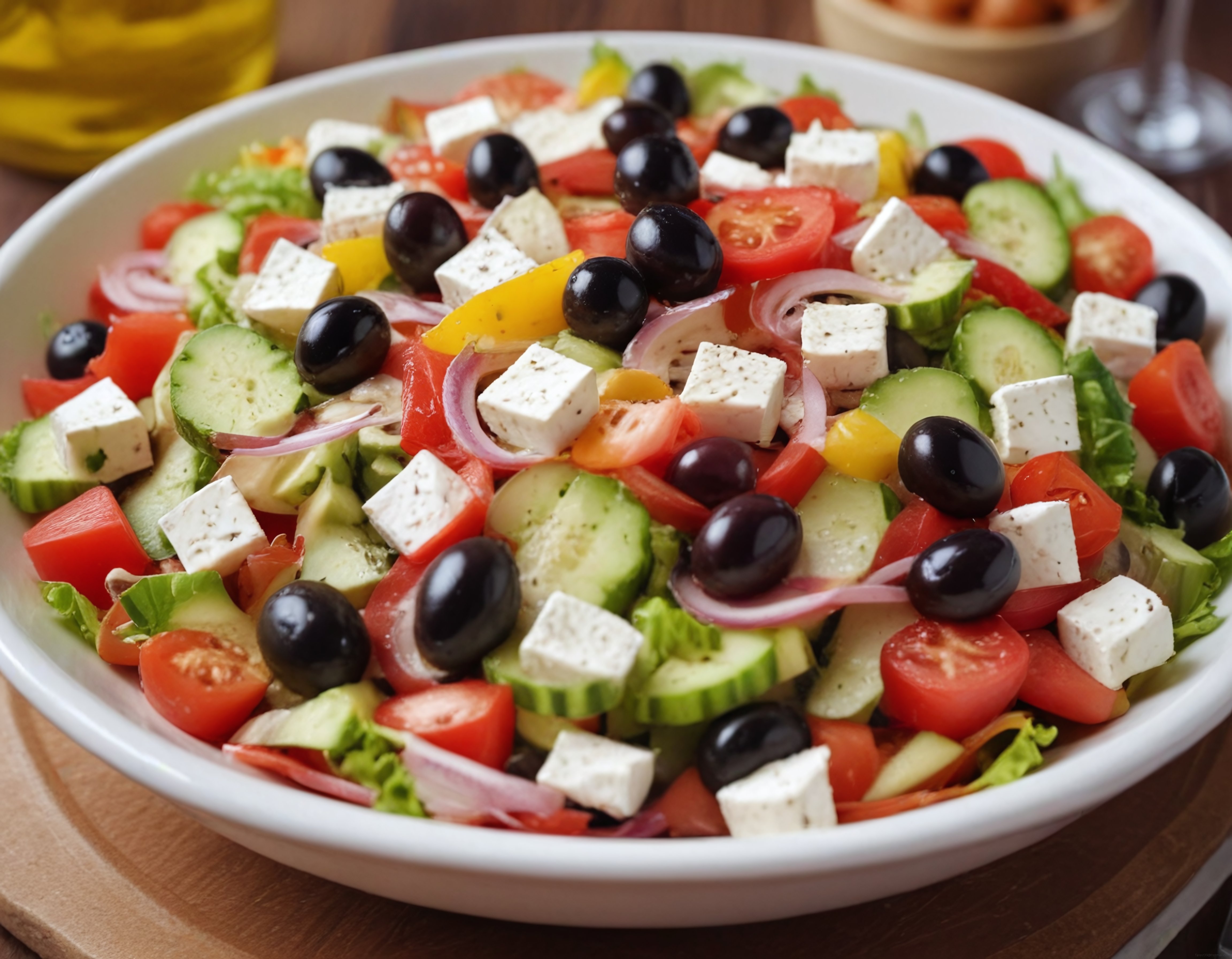 Beyaz Kapta Feta Peyniri ve Taze Sebzelerle Hazırlanan Akdeniz Salatası