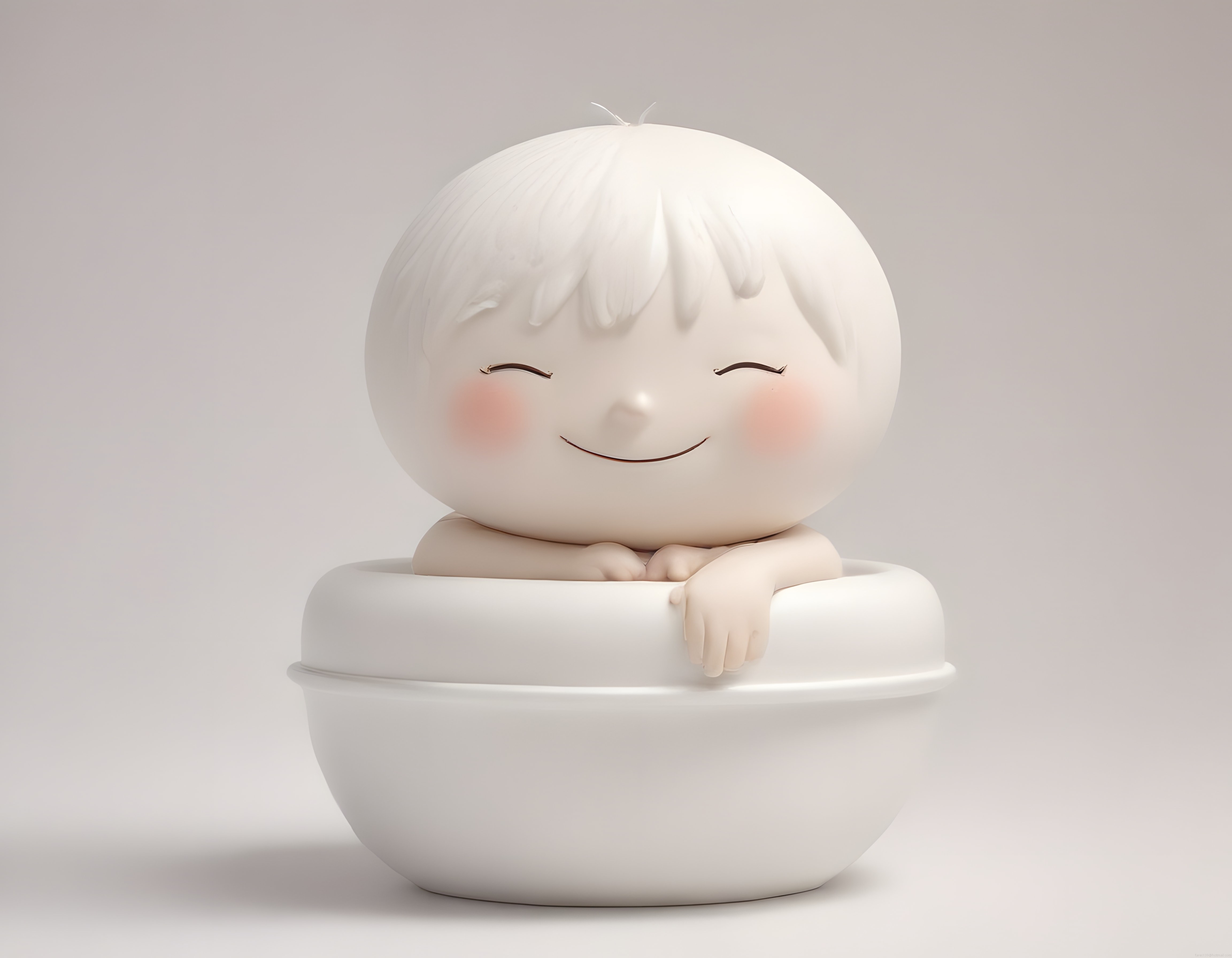 Beyaz kapta oturan sevimli 3D çocuk figürü ve minimalist dekoratif sanat