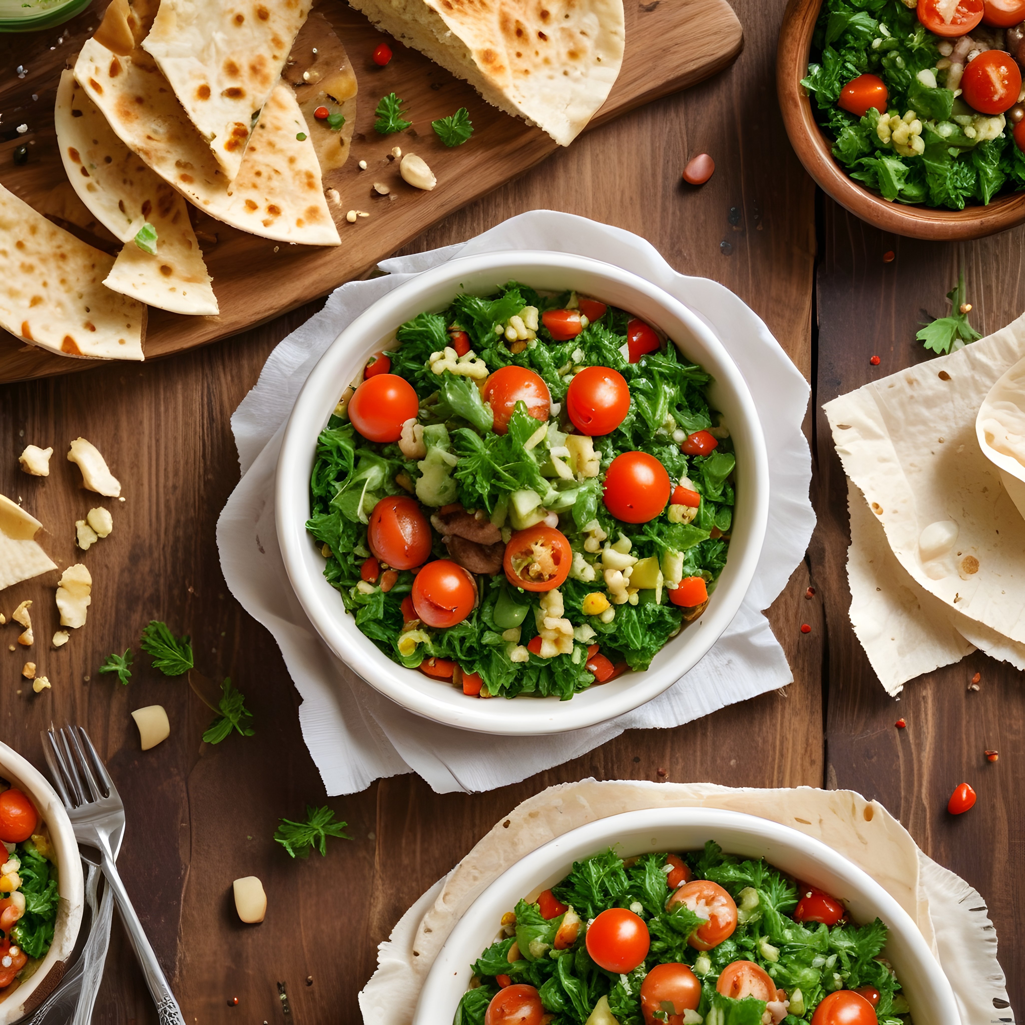 Beyaz kapta taze yeşillik salata ve domates, ahşap masada lavaş ekmeği ile sunum