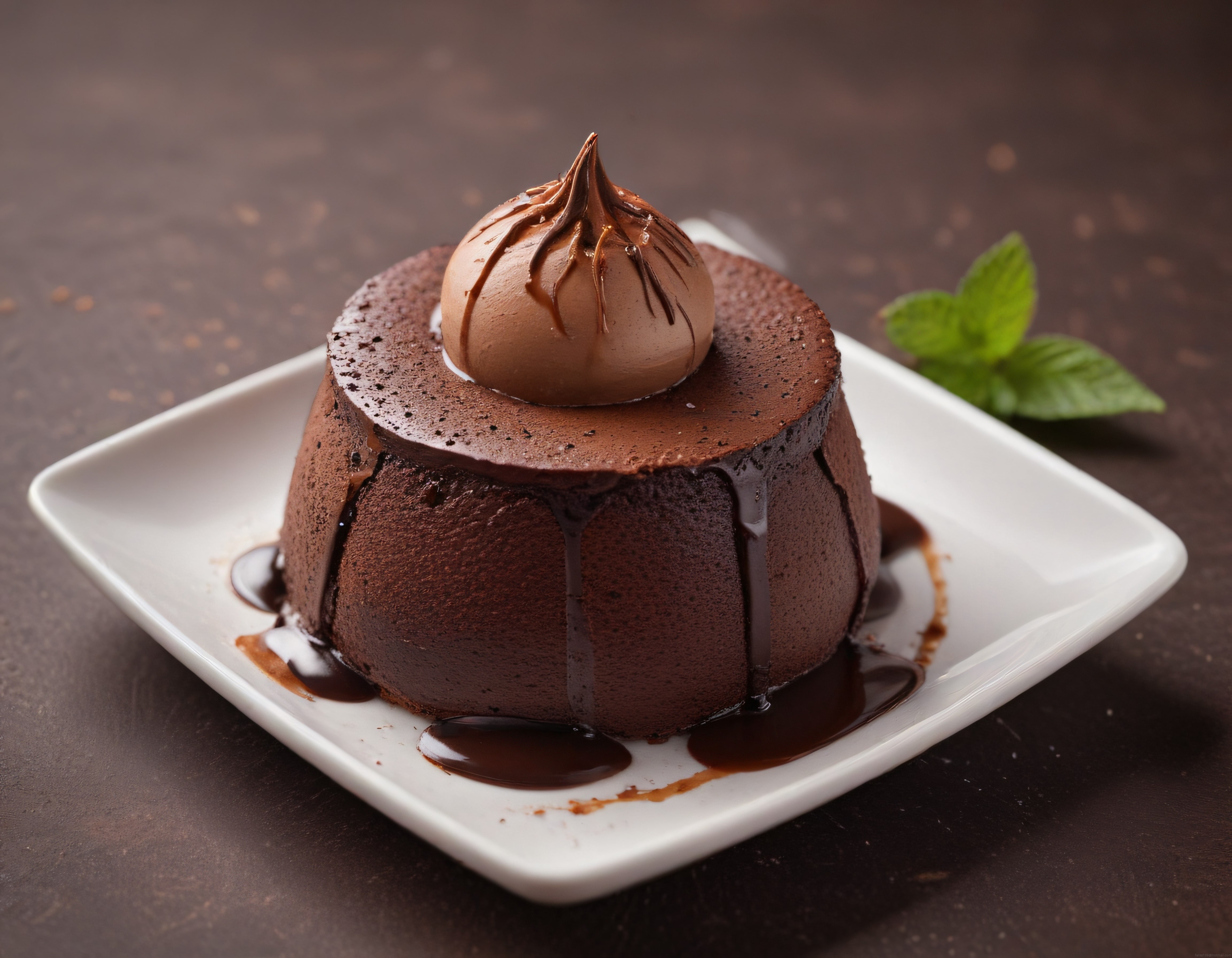 Beyaz Kare Tabakta Çikolatalı Sufle ve Üzerinde Krema ile Çikolata Sosu