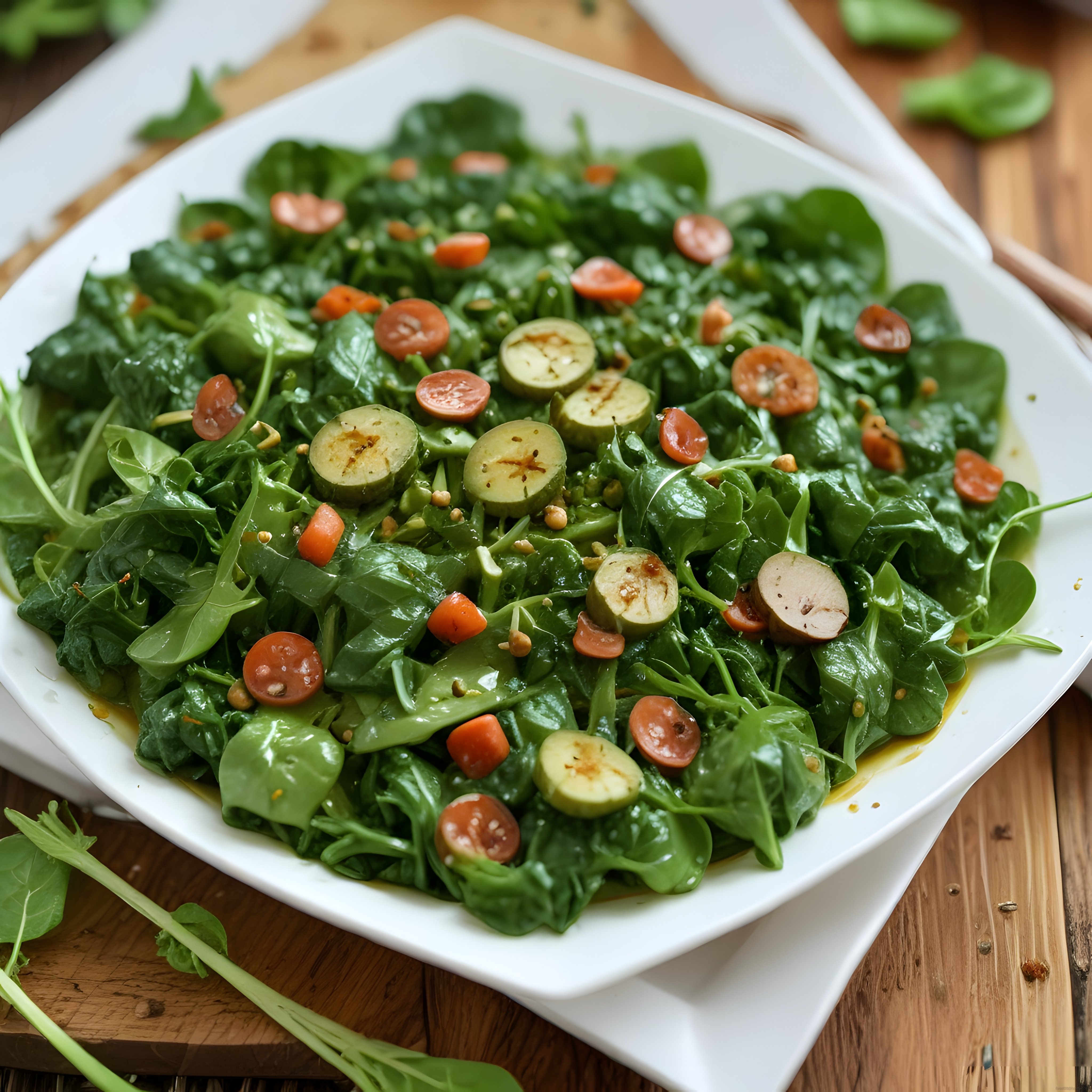 Beyaz kare tabakta salatalık ve domatesli taze yeşil salata sunumu