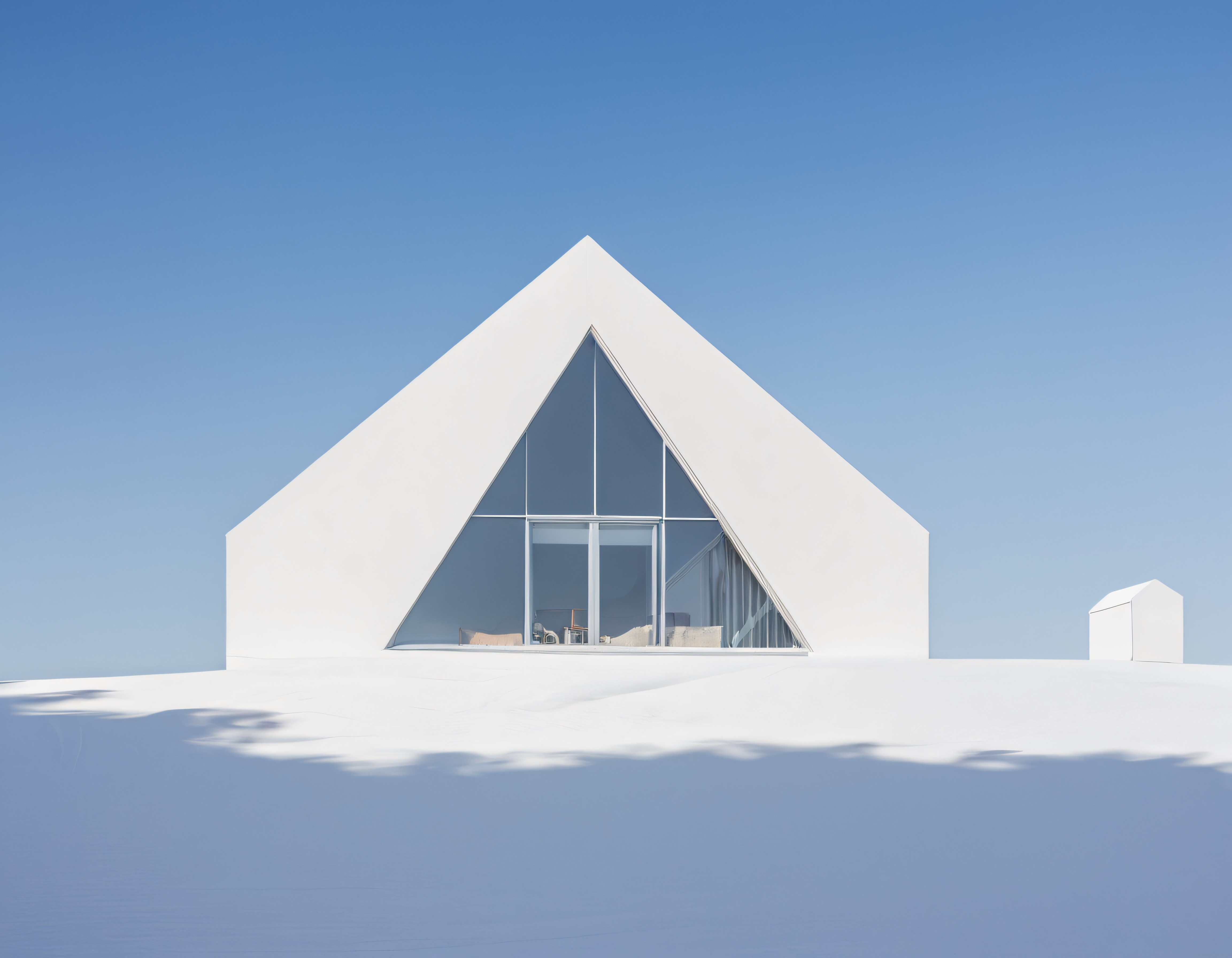 Beyaz Karlar Üzerinde Modern ve Minimalist Üçgen Çatılı Cam Cepheli Villa