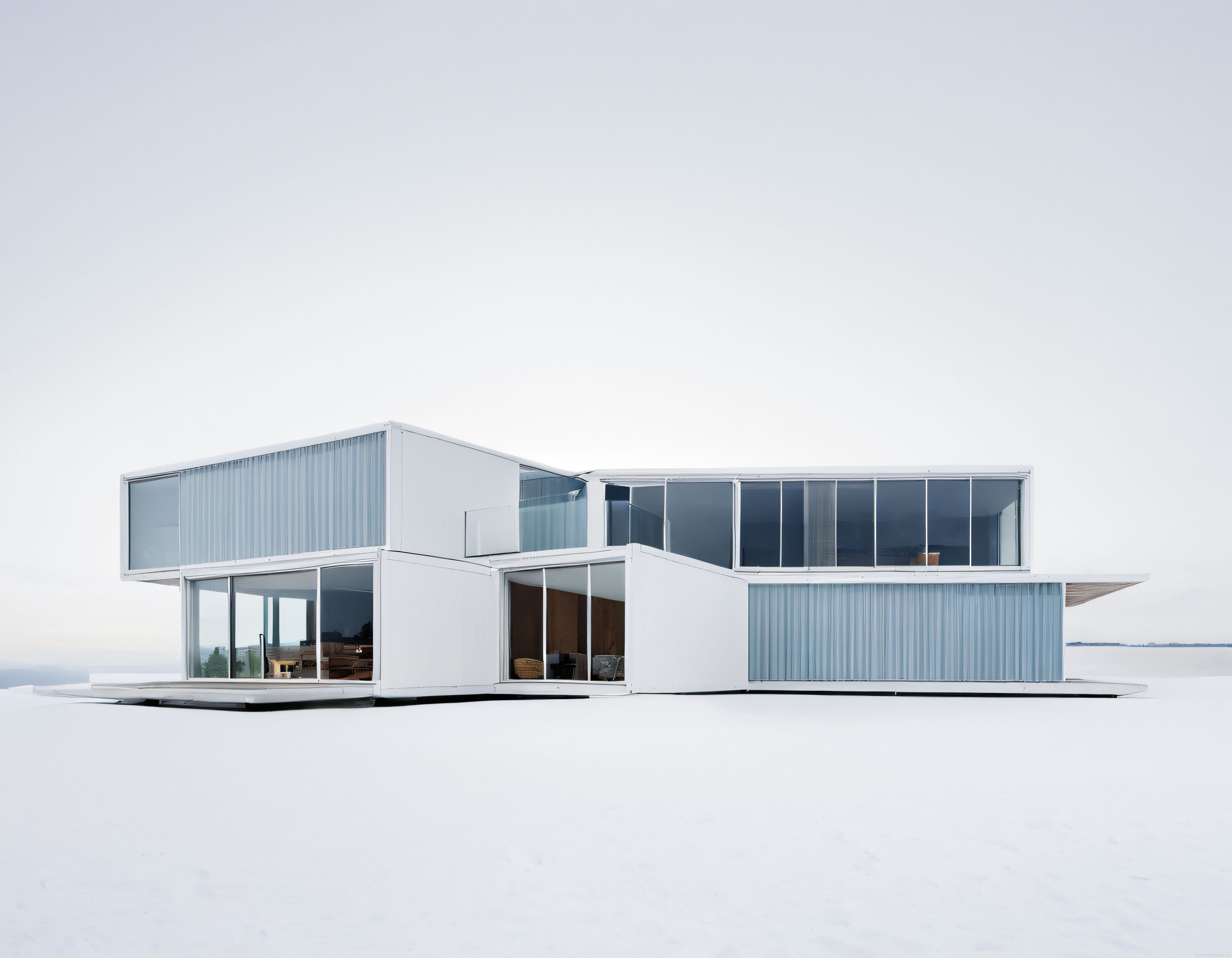 Beyaz Karlı Arazide Modern Konteyner Ev ve Minimalist Cam Cephe Tasarımı