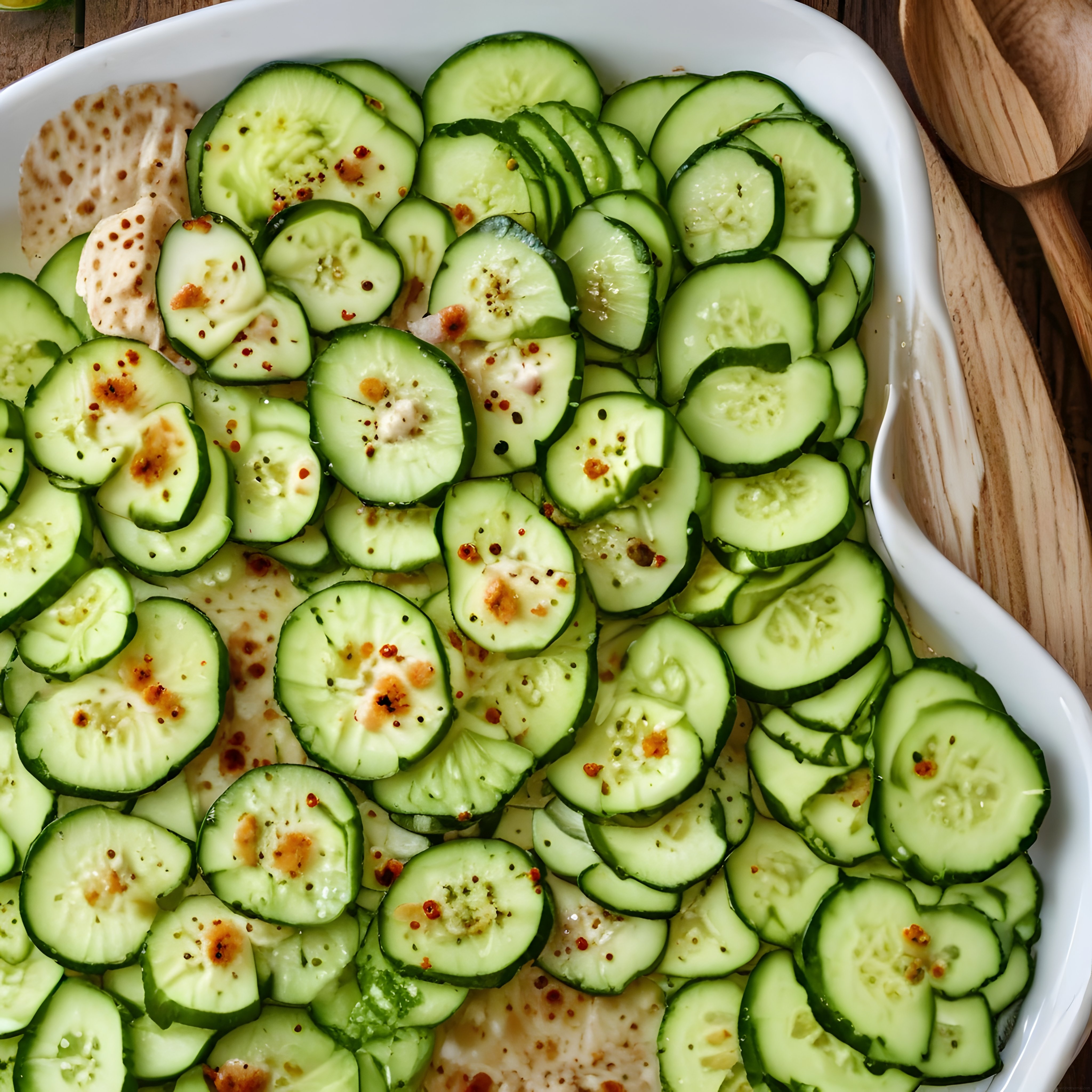 beyaz kasede baharatlı soslu salatalık dilimleriyle hazırlanmış taze yaz salata