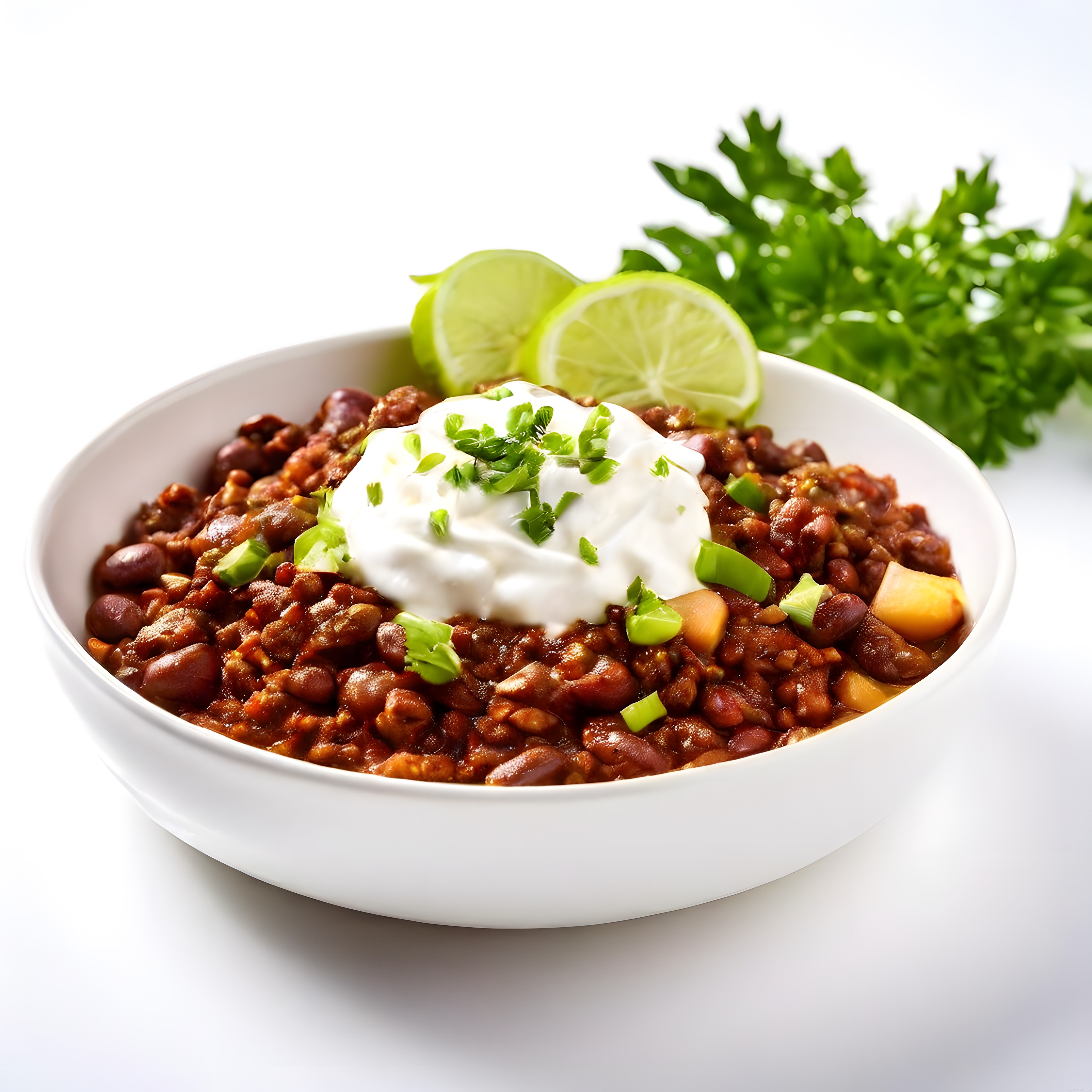 Beyaz Kasede Ekşi Krema ve Yeşil Soğanla Süslenmiş Nefis Chili Con Carne