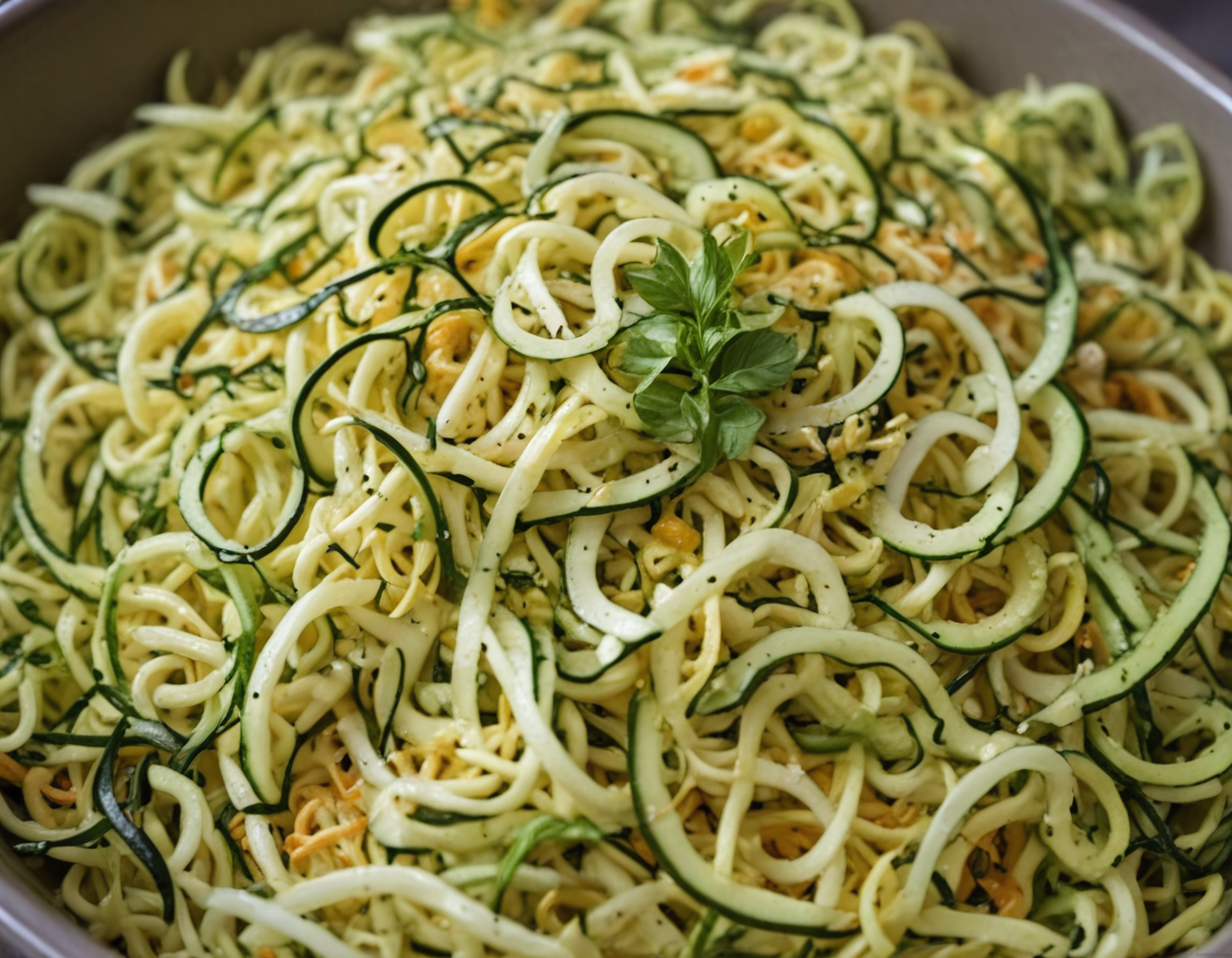 Beyaz kasede fesleğen yapraklarıyla süslenmiş kremalı kabak spagetti salatası