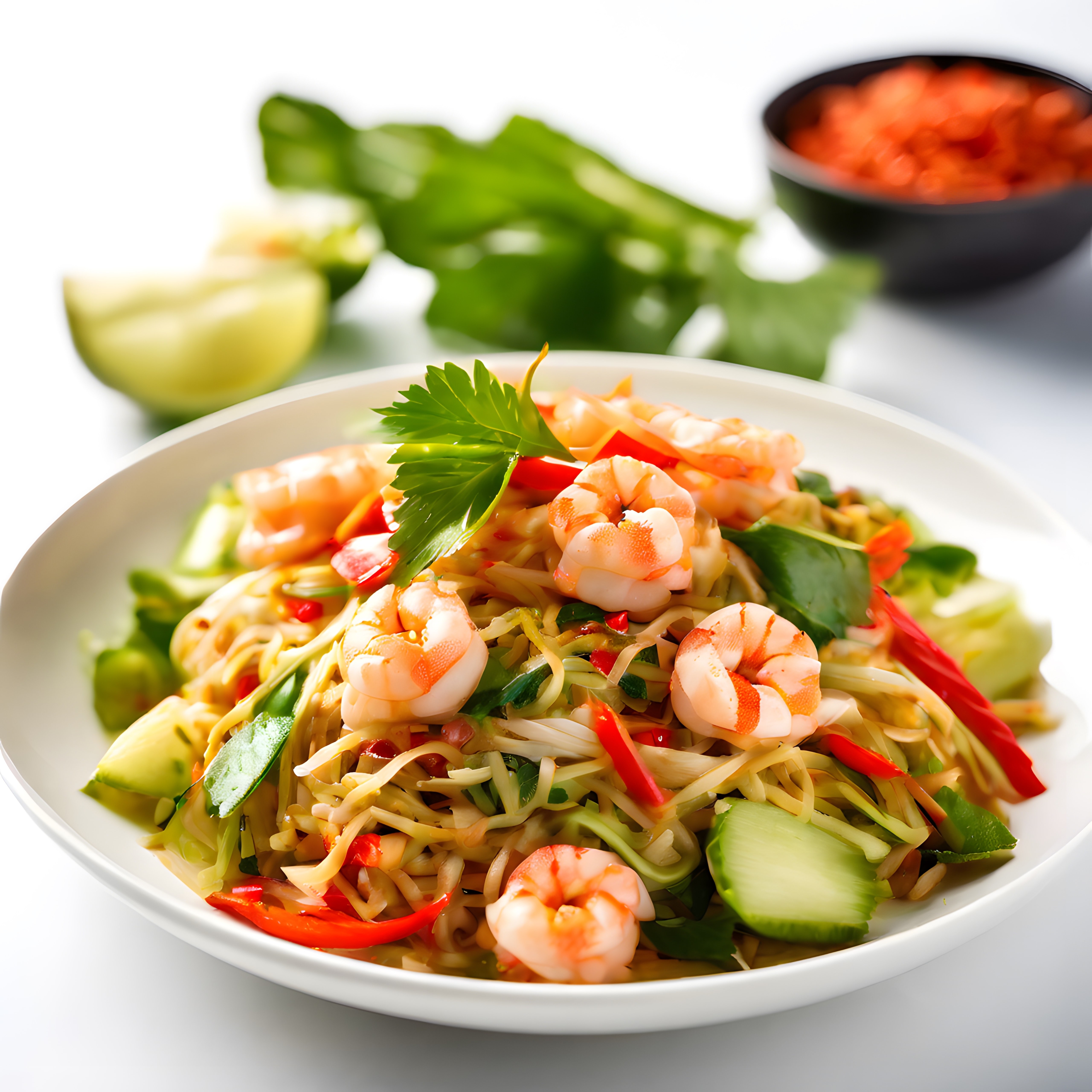 Beyaz Kasede Karidesli Noodle Salatası: Taze Sebzeli Asya Usulü Lezzet