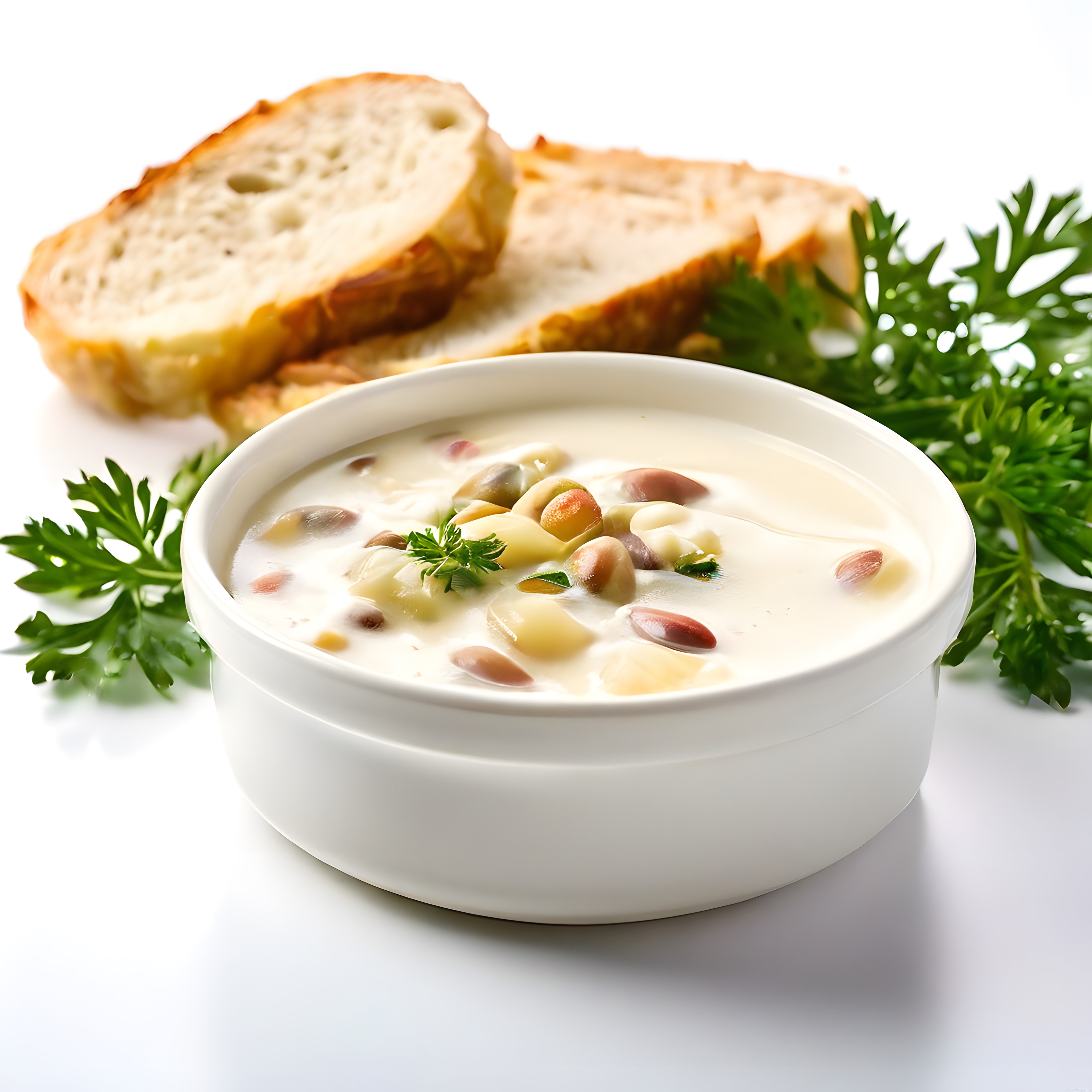 Beyaz kasede kremalı fasulyeli makarnalı çorba ve taze ekmek dilimleri