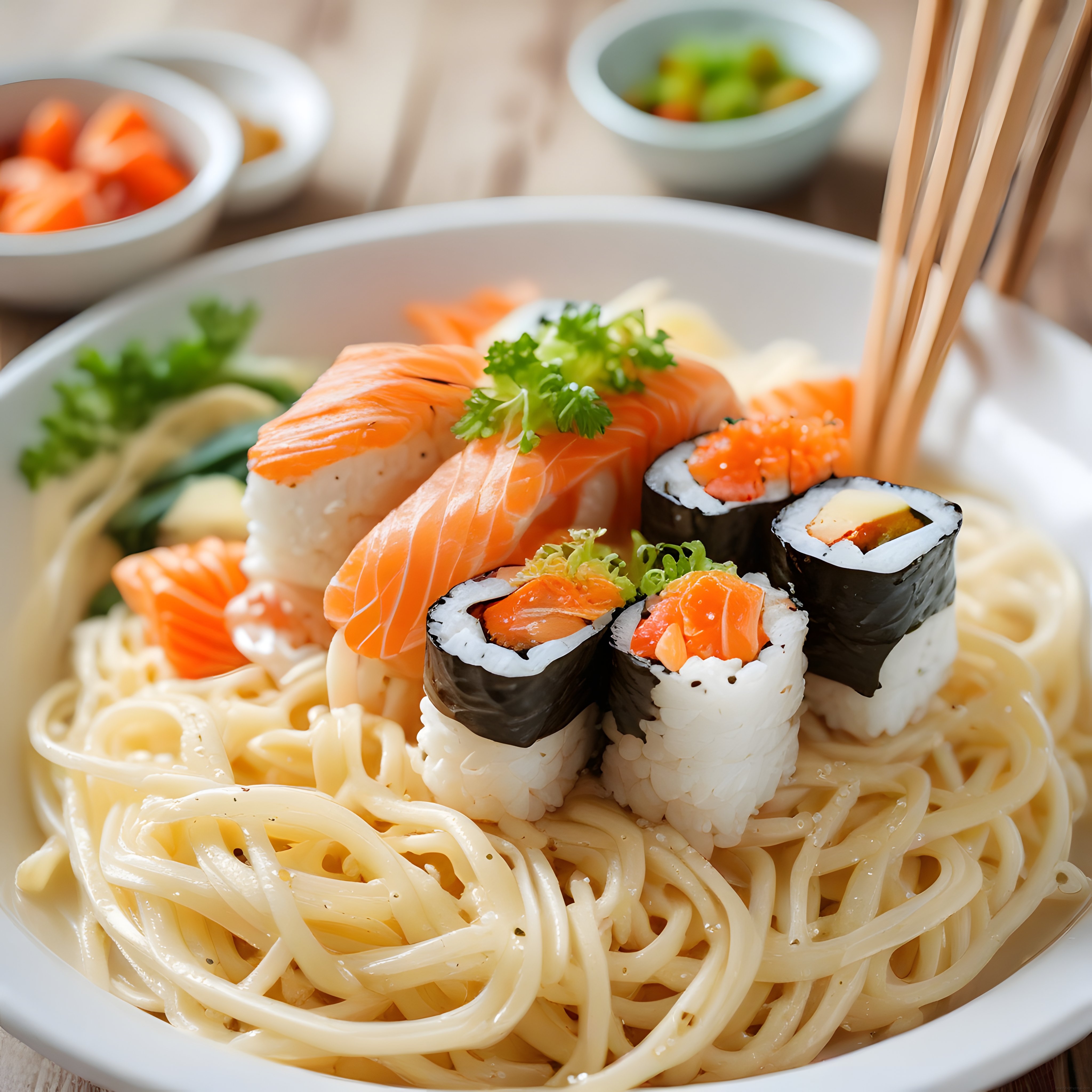 Beyaz Kasede Kremalı Makarna ve Taze Somonlu Sushi Çeşitleri Sunumu