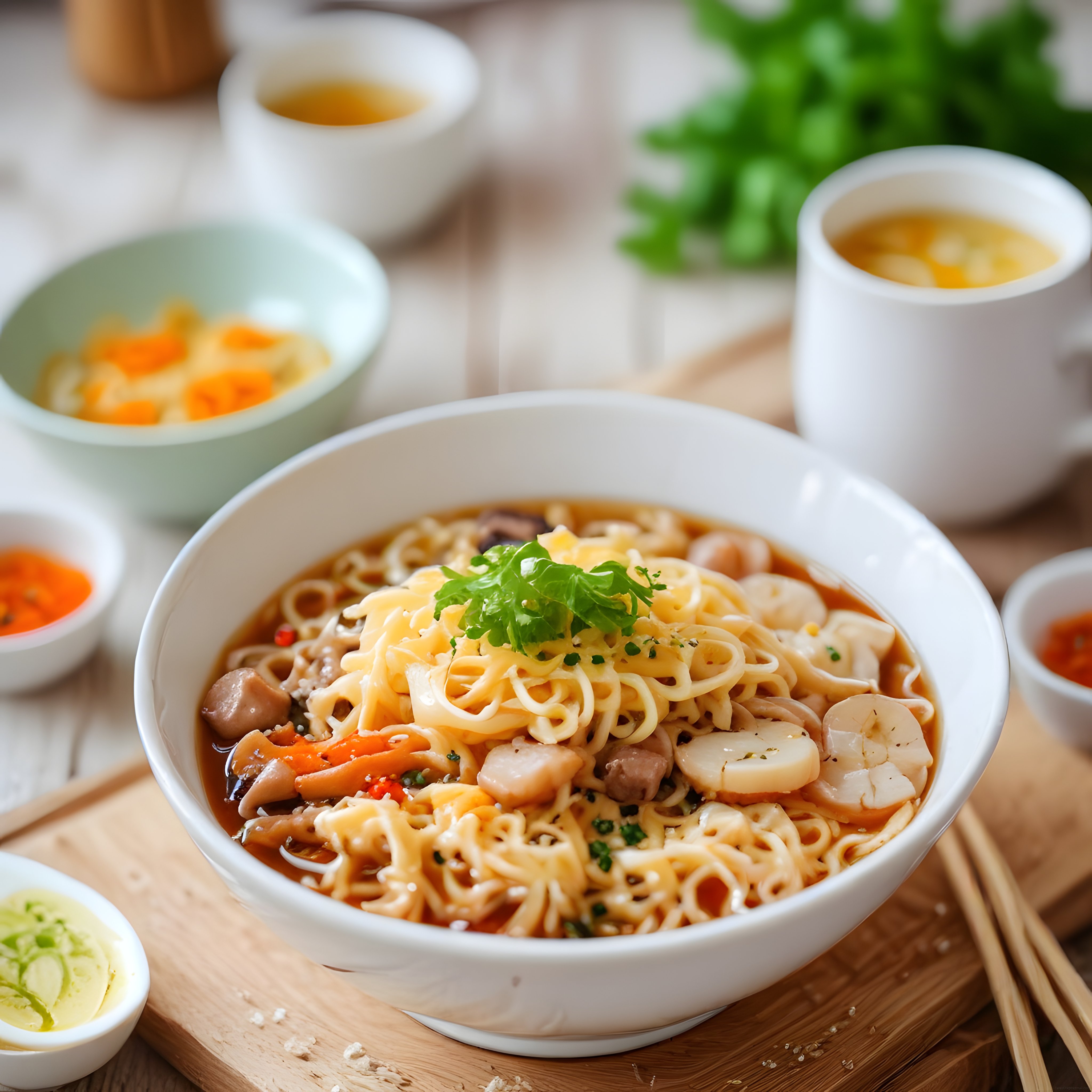 Beyaz kasede noodle çorbası, yan lezzetler ve yeşil çayla hazırlanmış sunum