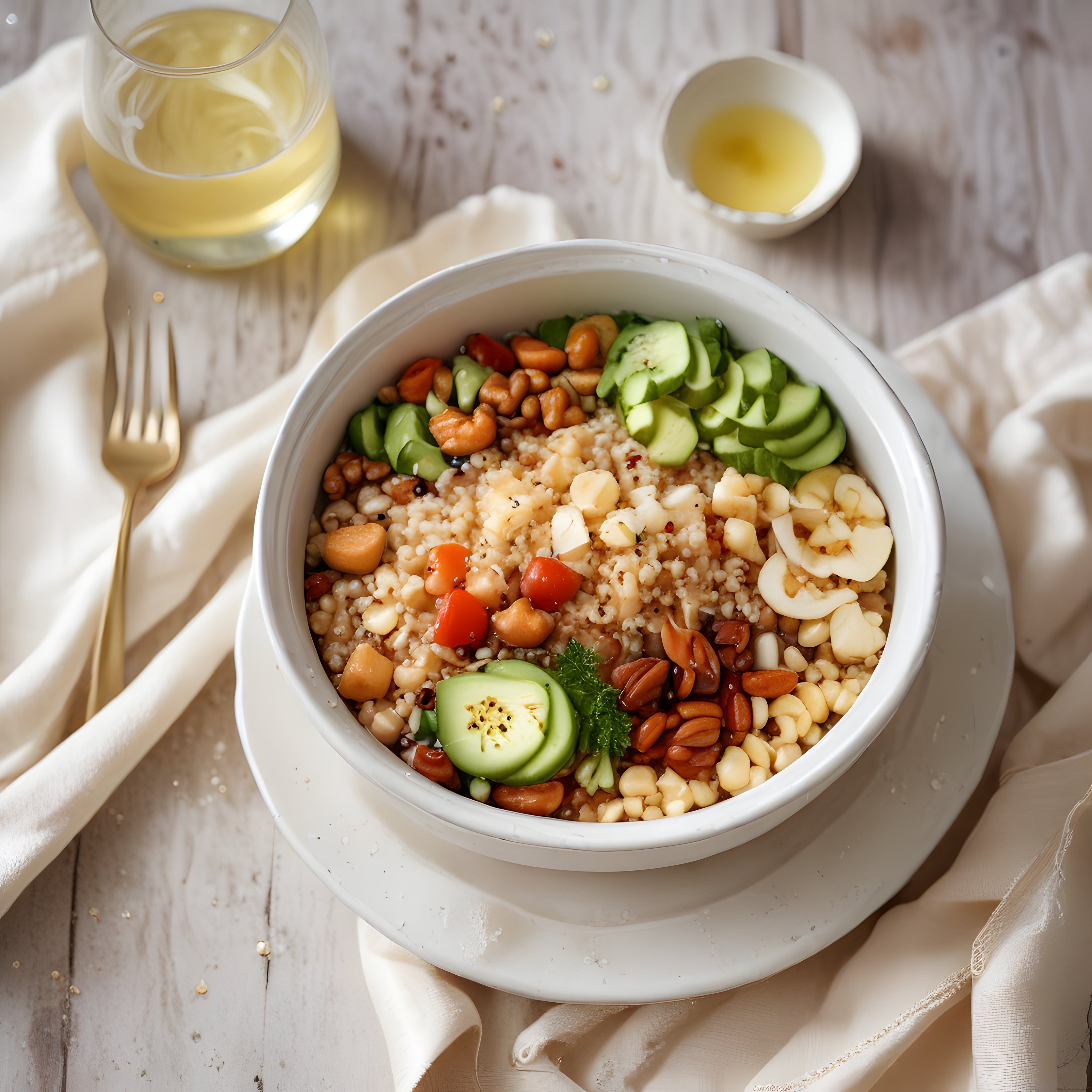 Beyaz kasede renkli sebzeli sağlıklı buddha bowl ve rustik sofra düzeni