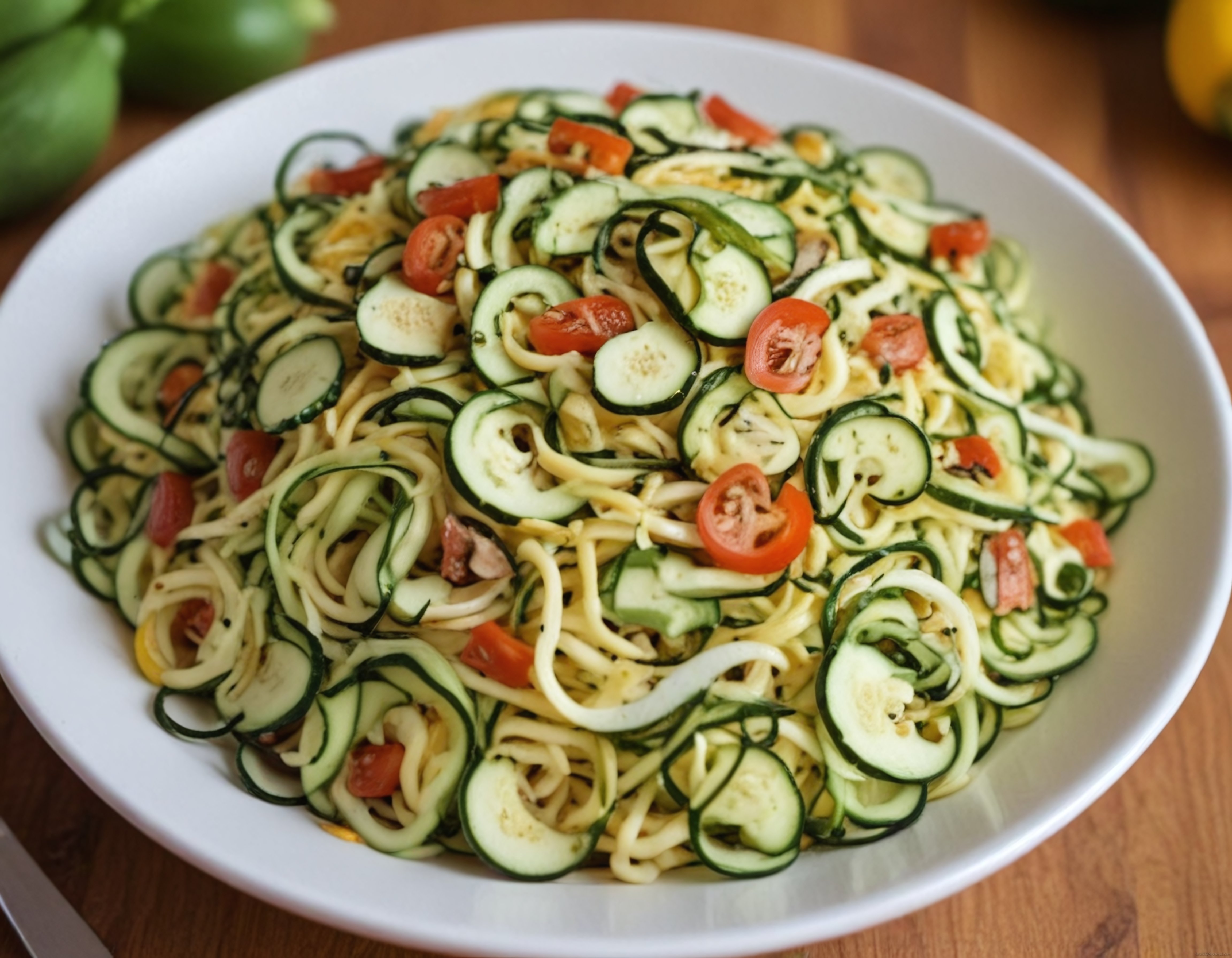Beyaz kasede salatalık spiralli domatesli sağlıklı makarna salatası