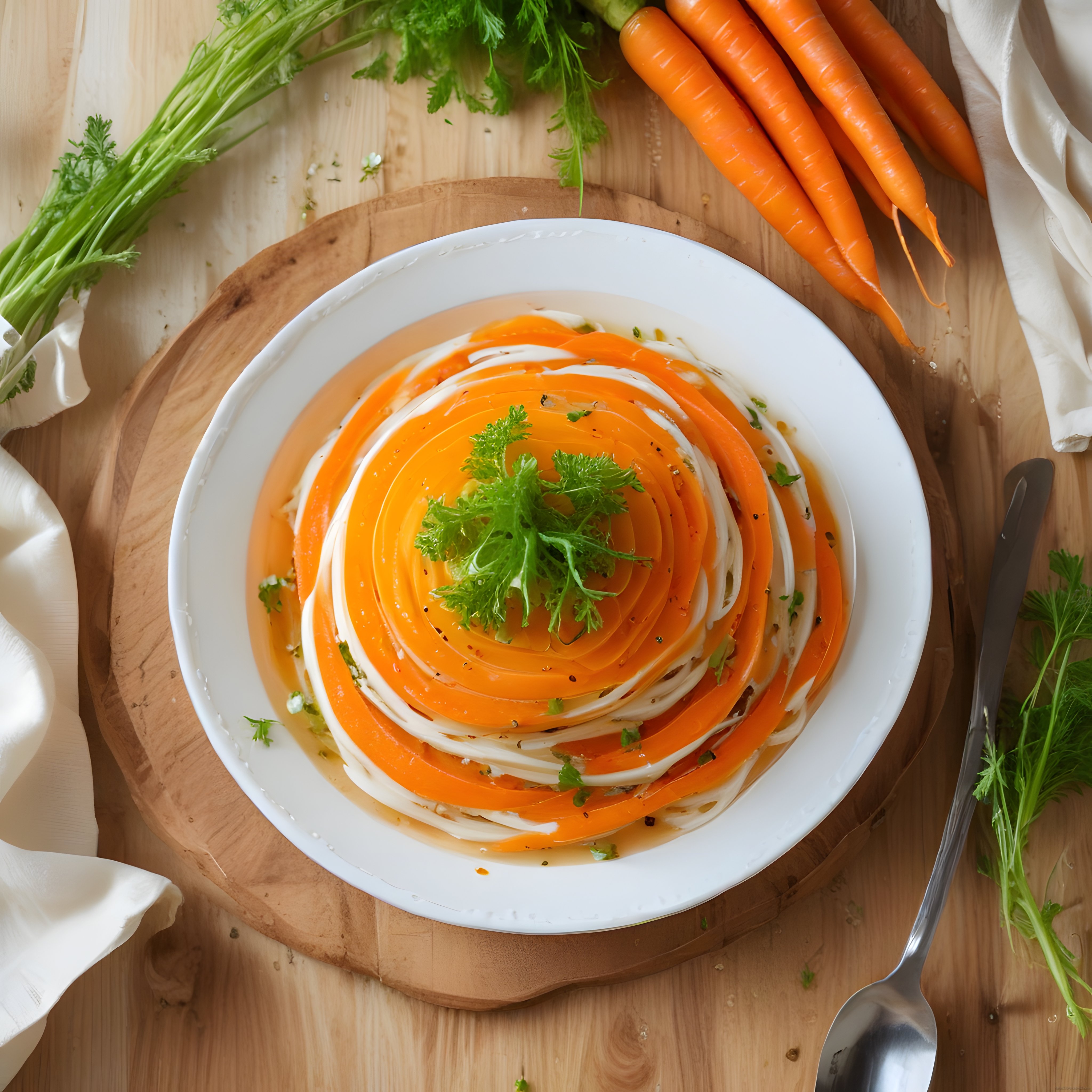 Beyaz kasede spiral dilimlenmiş havuç ve turp salatası detayı
