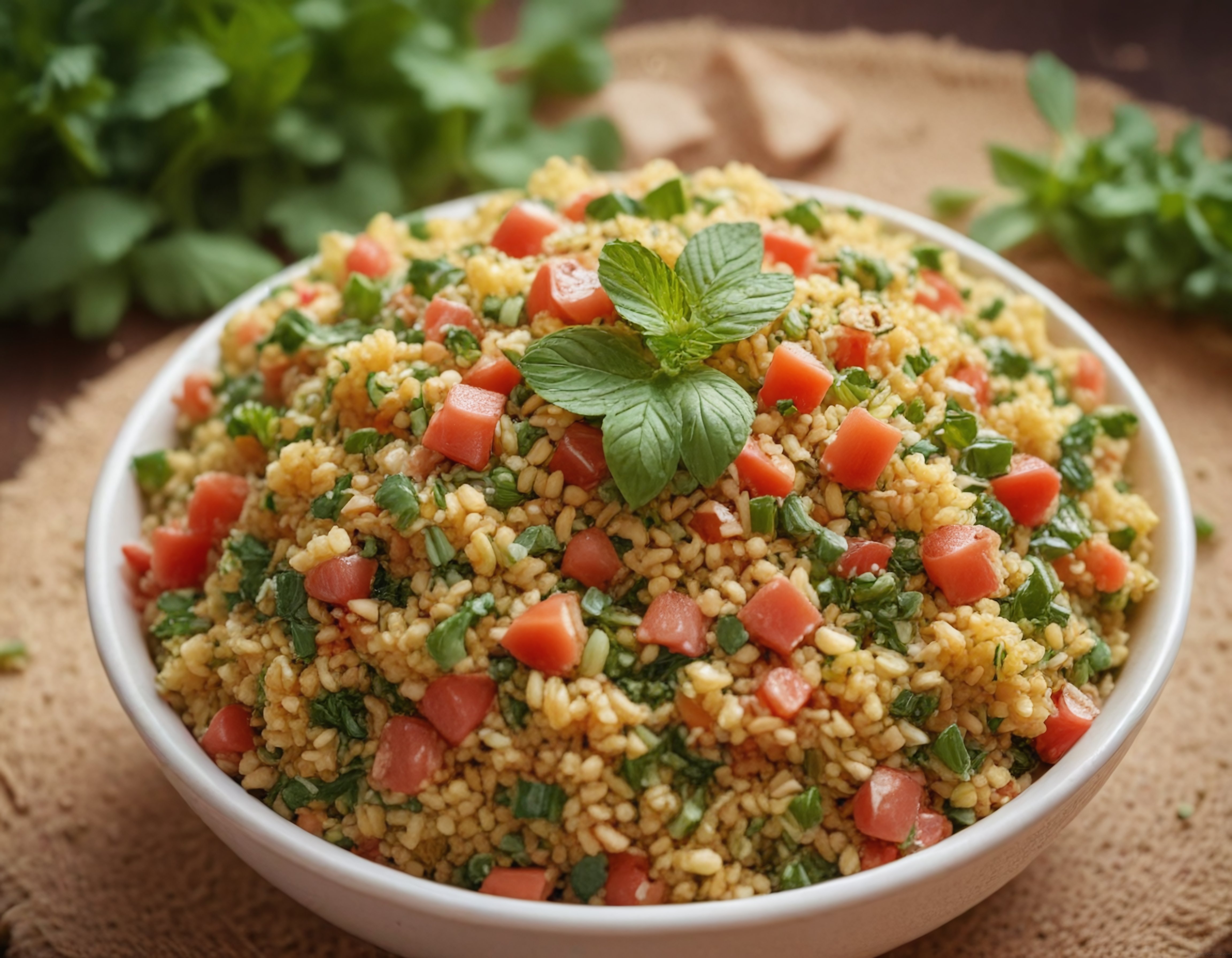 Beyaz Kasede Sunulmuş Taze Domatesli ve Naneli Bulgur Salatası Görseli