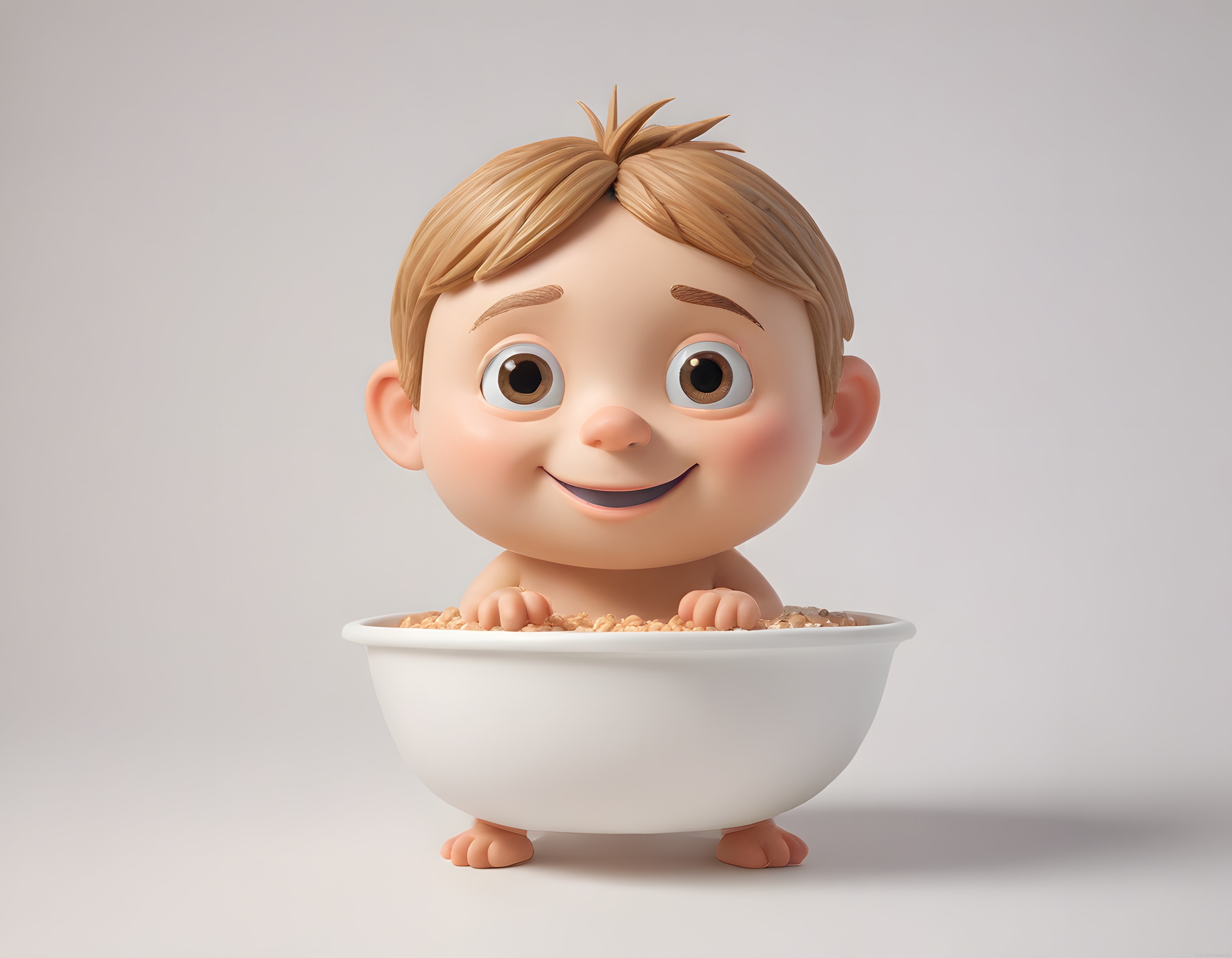 Beyaz Kasede Tahıl İçinde Oturan Neşeli 3D Bebek Animasyon Karakteri