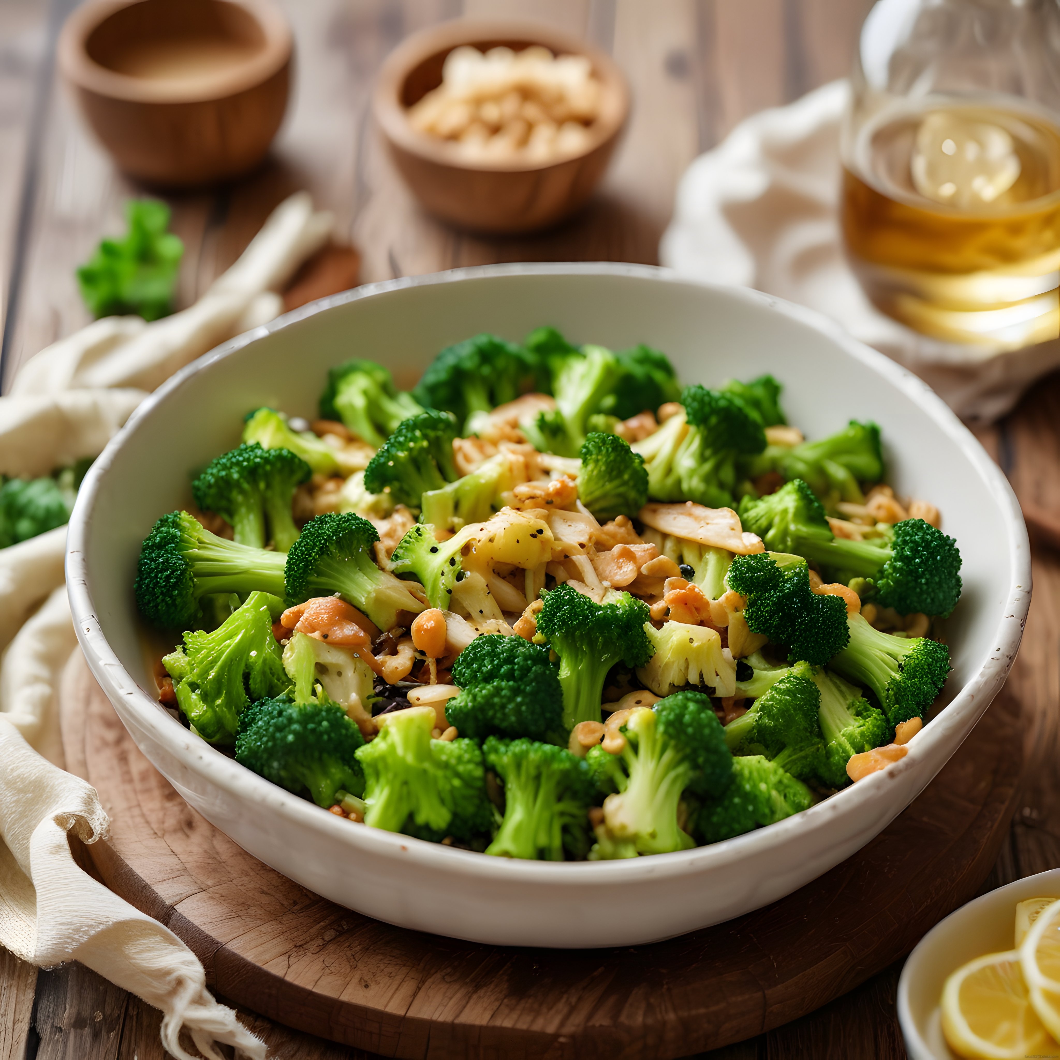 Beyaz Kasede Taze Brokoli Salatası ve Baharatlı Soslu Fındık Süslemesi