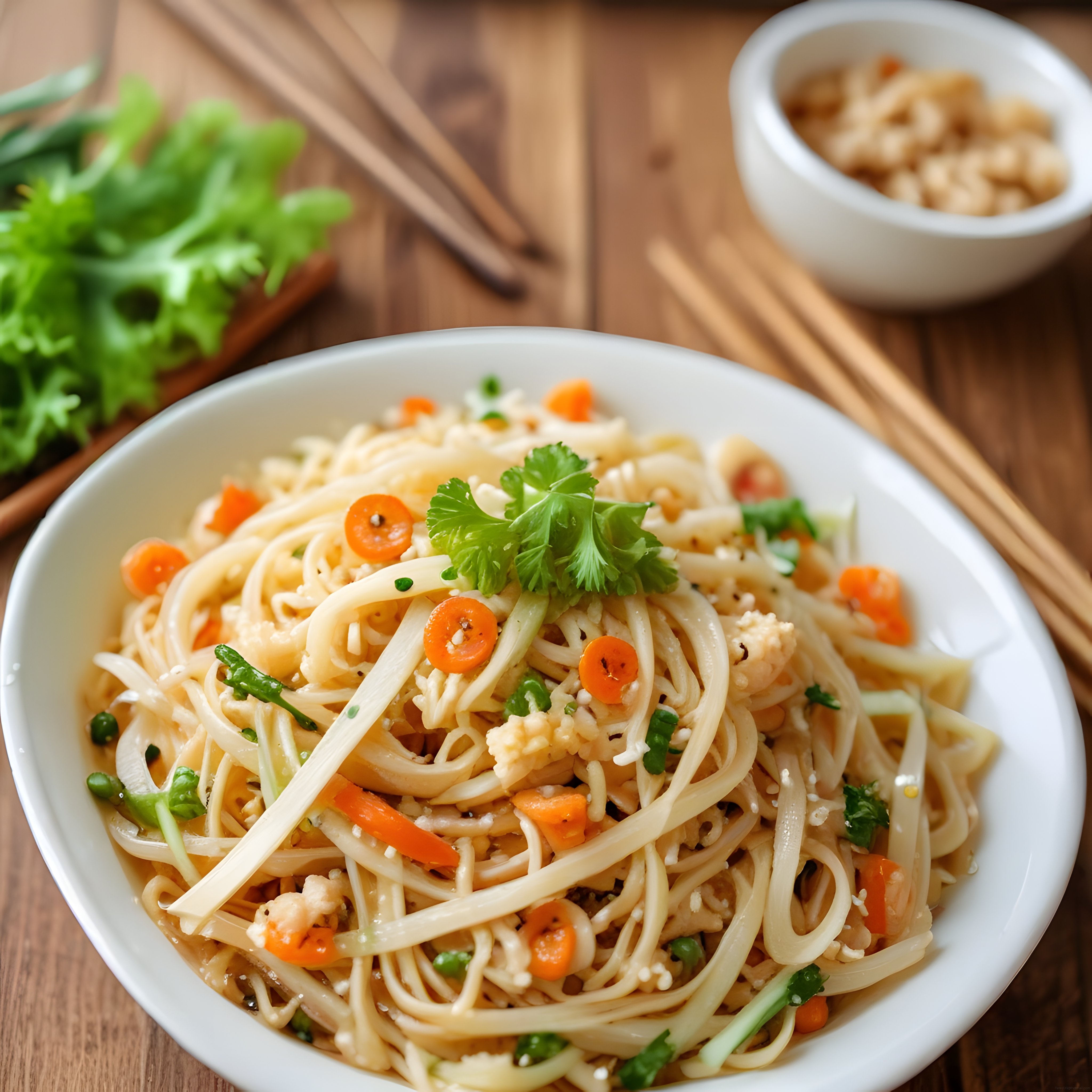 Beyaz kasede, taze sebzeler ve fıstıkla süslenmiş Asya usulü noodle salatası
