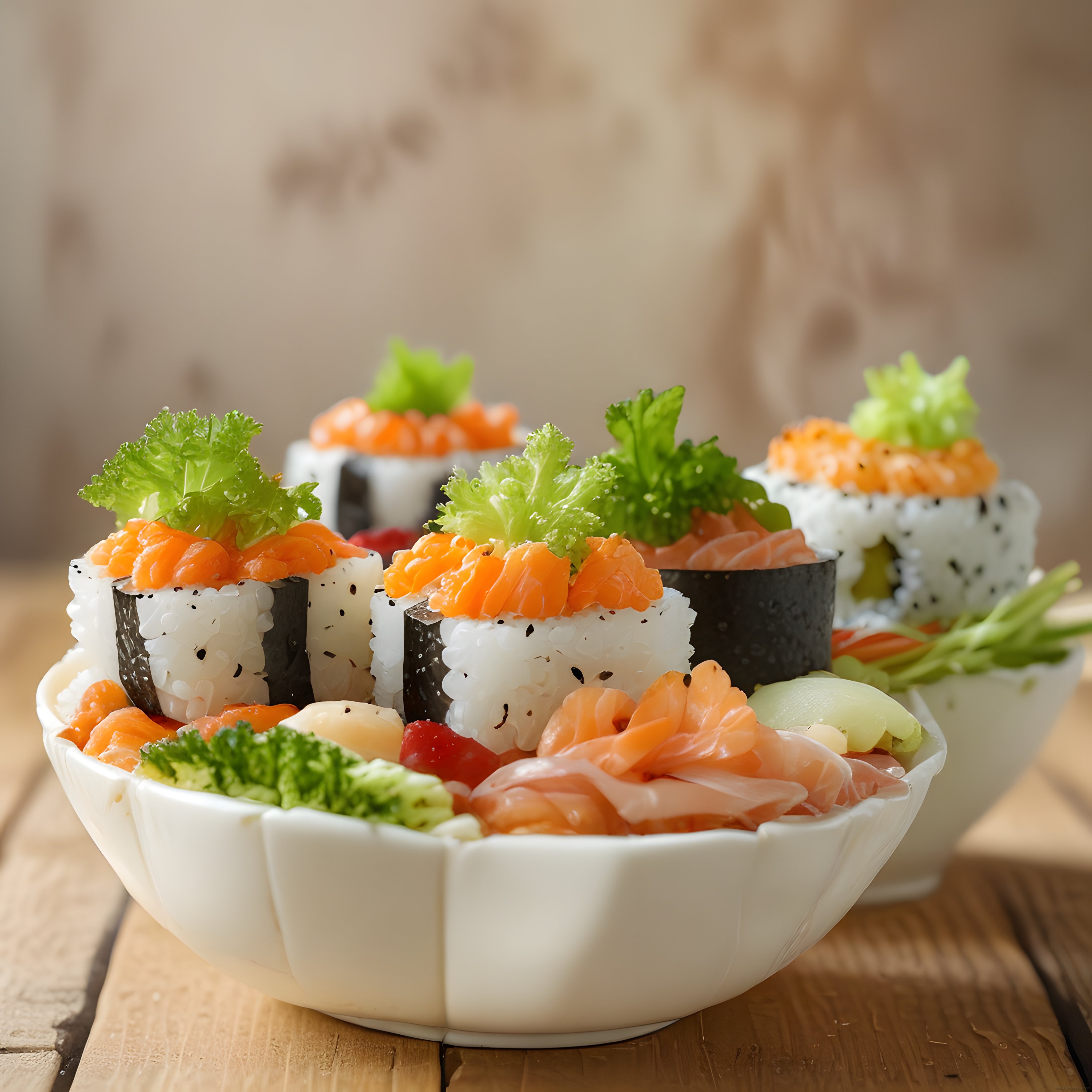 Beyaz Kasede Taze Somonlu Sushi Bowl ve Çeşitli Maki Ruloları Sunumu