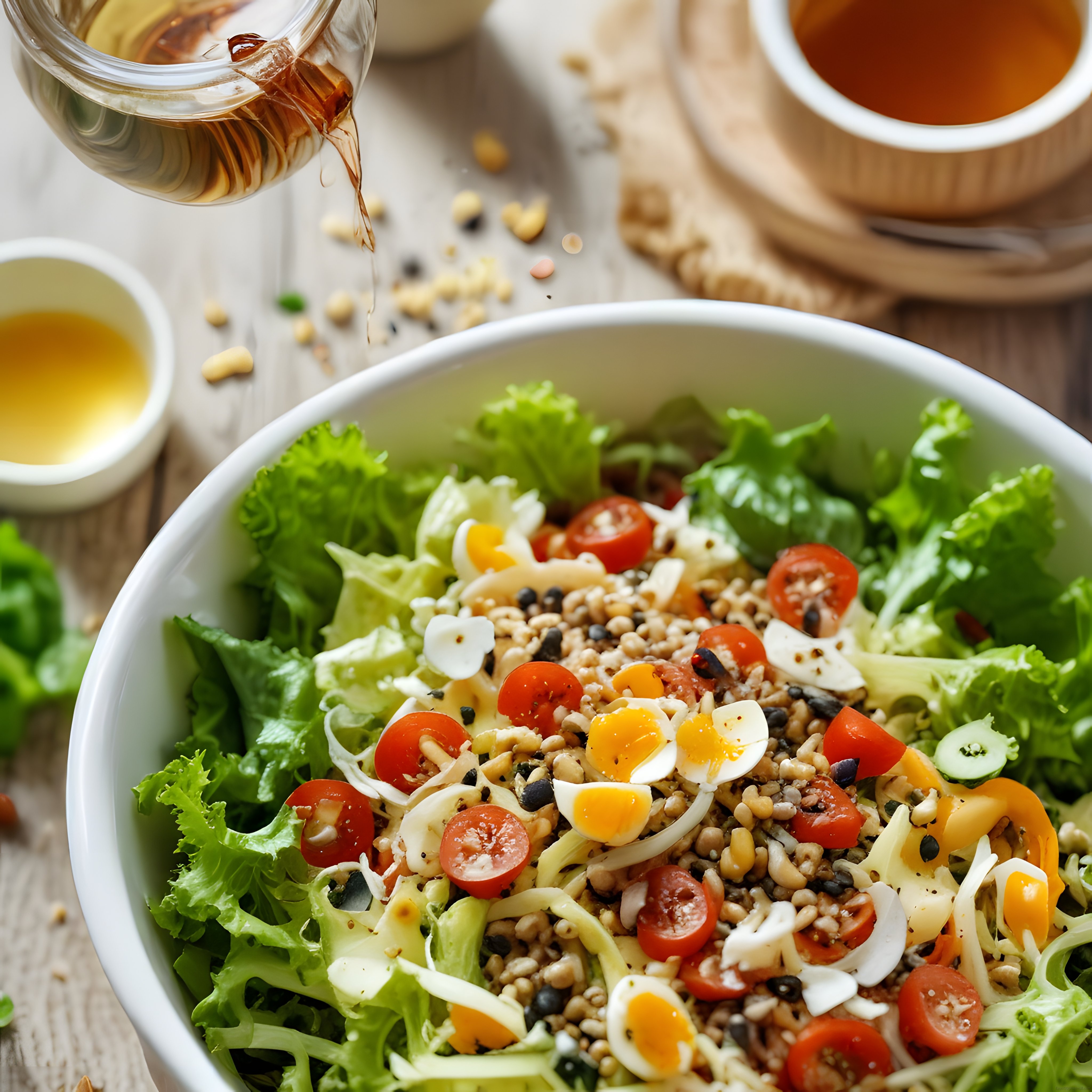 Beyaz Kasede Taze Yeşillik, Tahıl ve Haşlanmış Yumurtalı Sağlıklı Salata