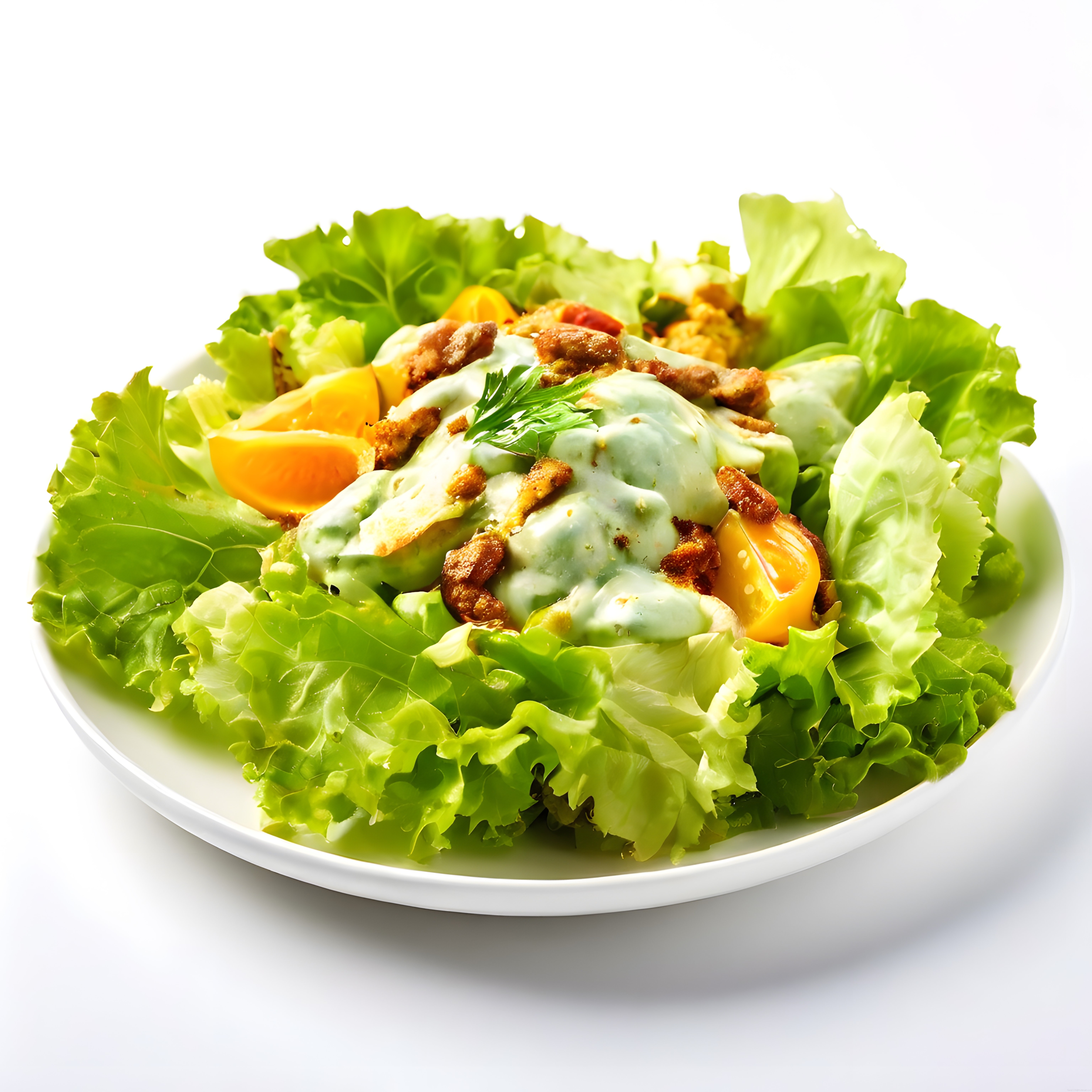 beyaz kasede yeşil marul yaprakları üzerine ranch soslu çıtır krutonlu taze salata