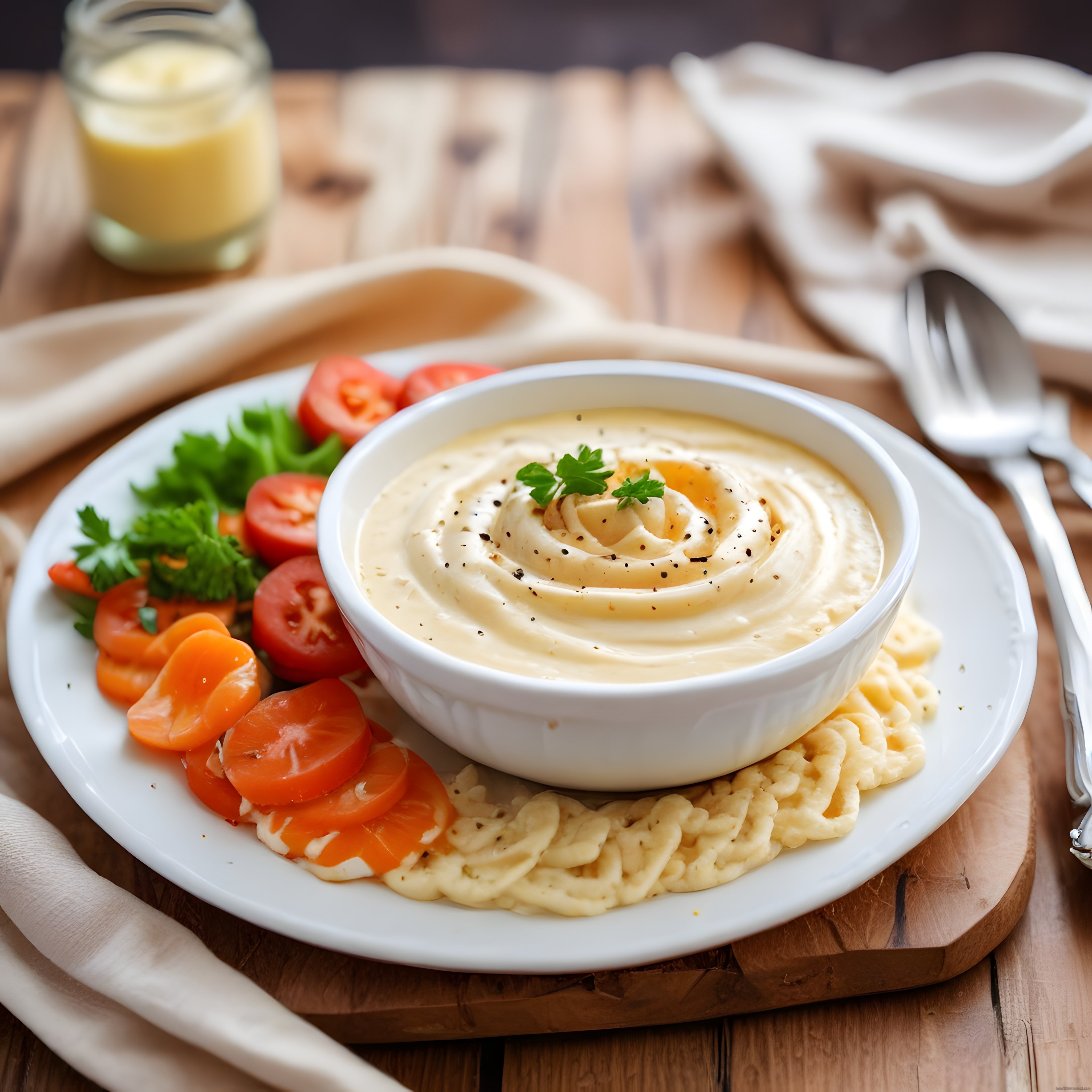 Beyaz Kasede Zeytinyağlı Humus ve Taze Sebze Dilimleriyle Rustik Sunum