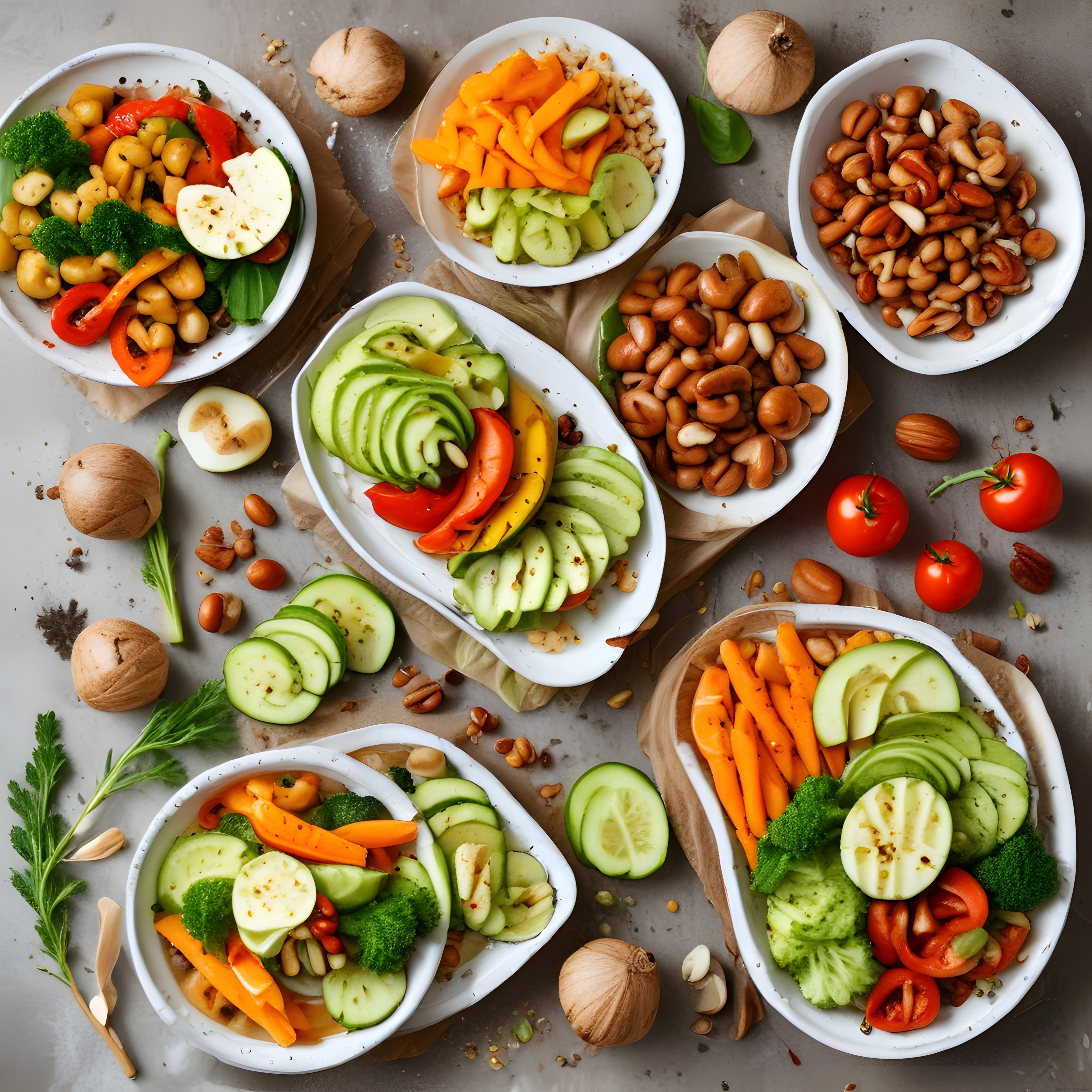 Beyaz Kaselerde Renkli Sebzeler ve Kuruyemişlerle Besleyici Vegan Tabaklar