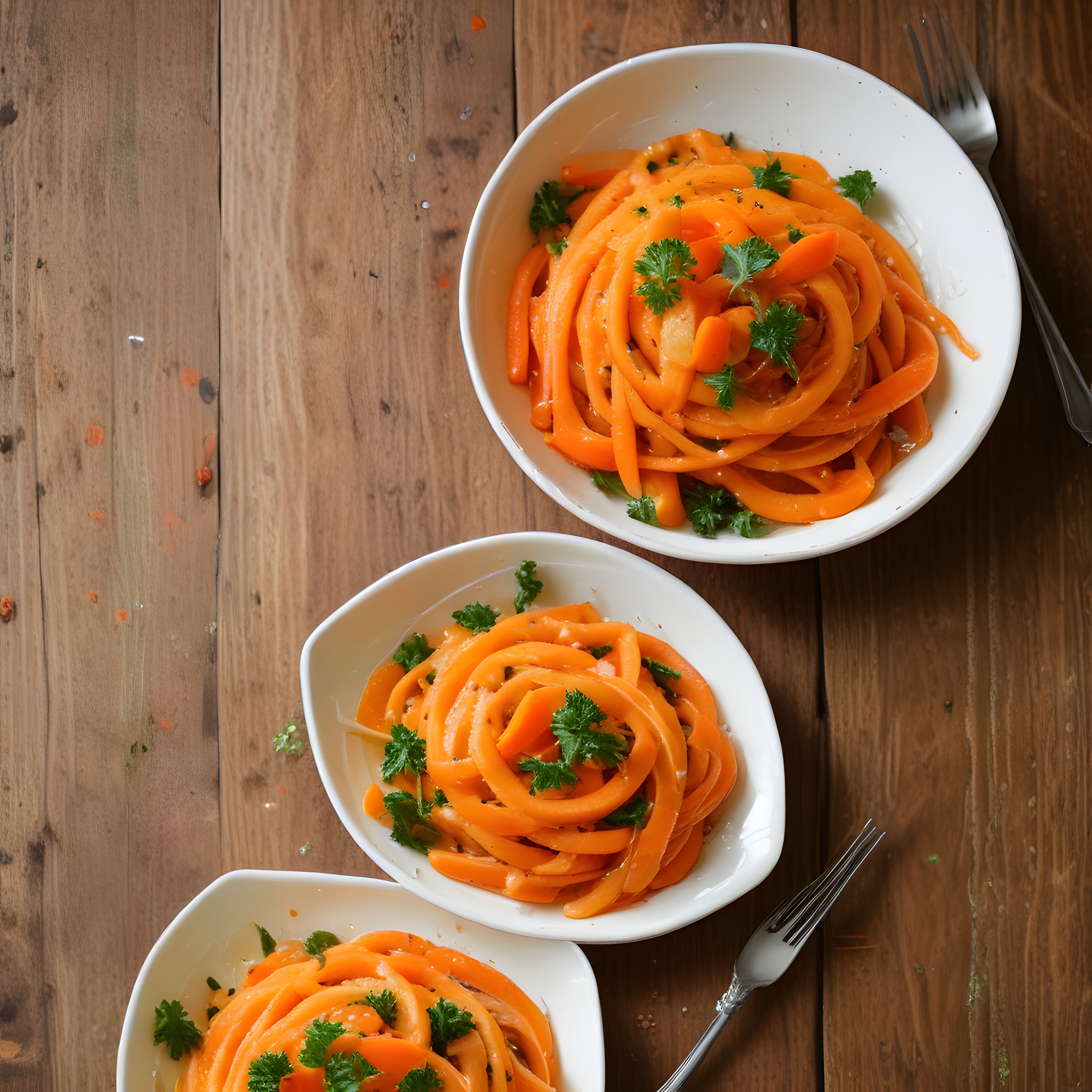 Beyaz Kaselerde Sunulan Havuç Spagetti ve Ahşap Masa Üzerinde Yeşil Otlar