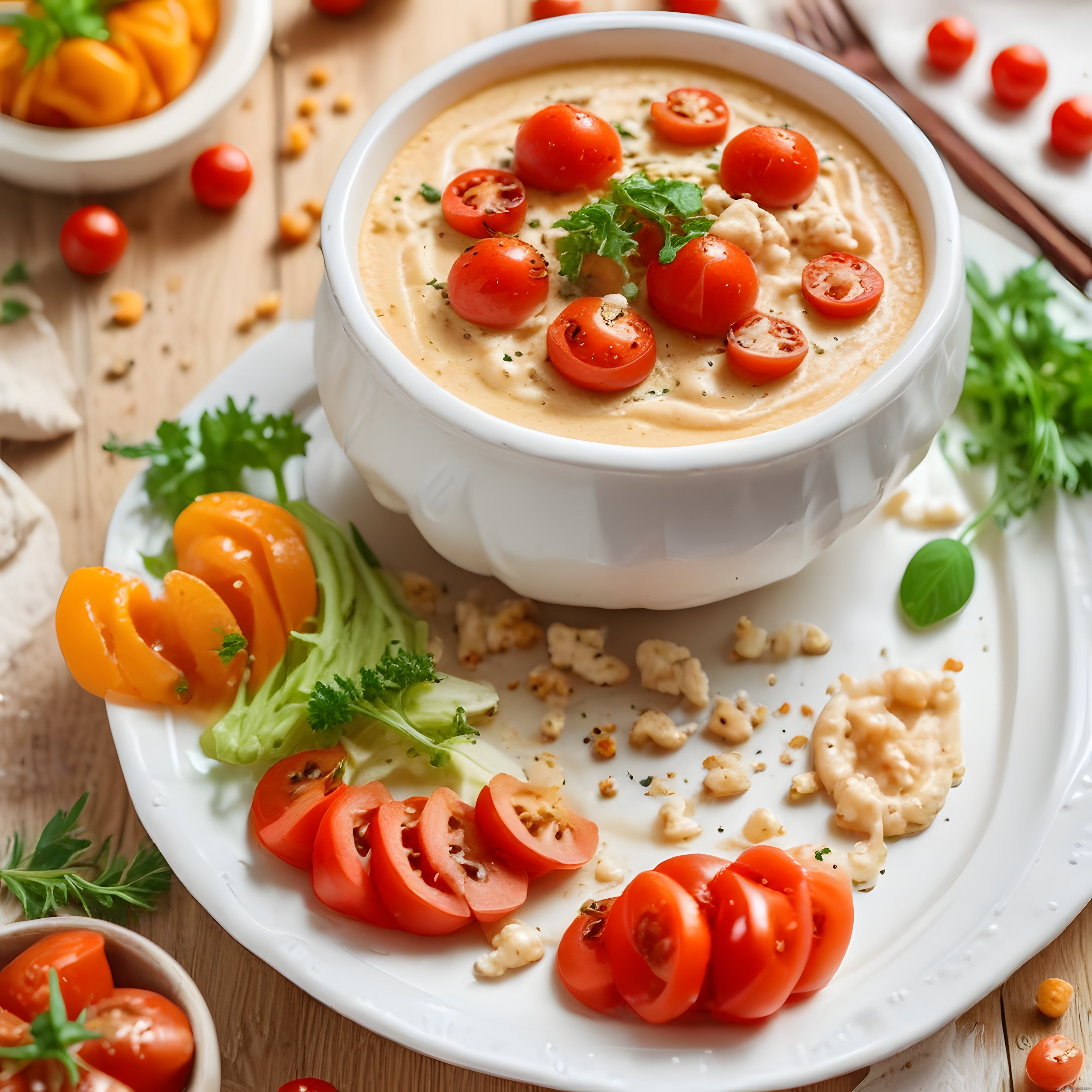 Beyaz Kaselerde Taze Sebzelerle Süslenmiş Kremalı Humus Sunumu