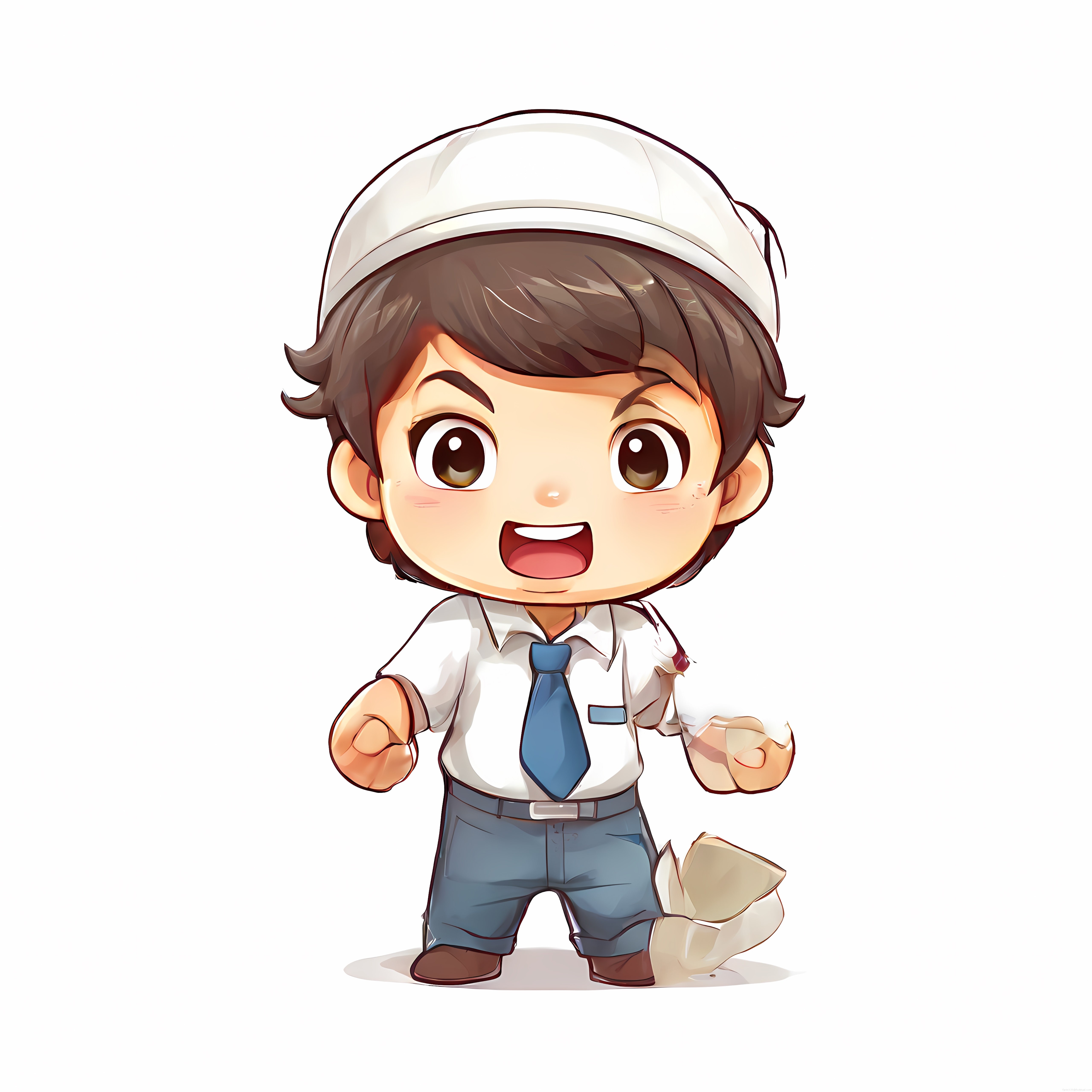 Beyaz Kasklı Sevimli Chibi Mühendis Çocuk Karakteri ve Mavi Kravatıyla Poz
