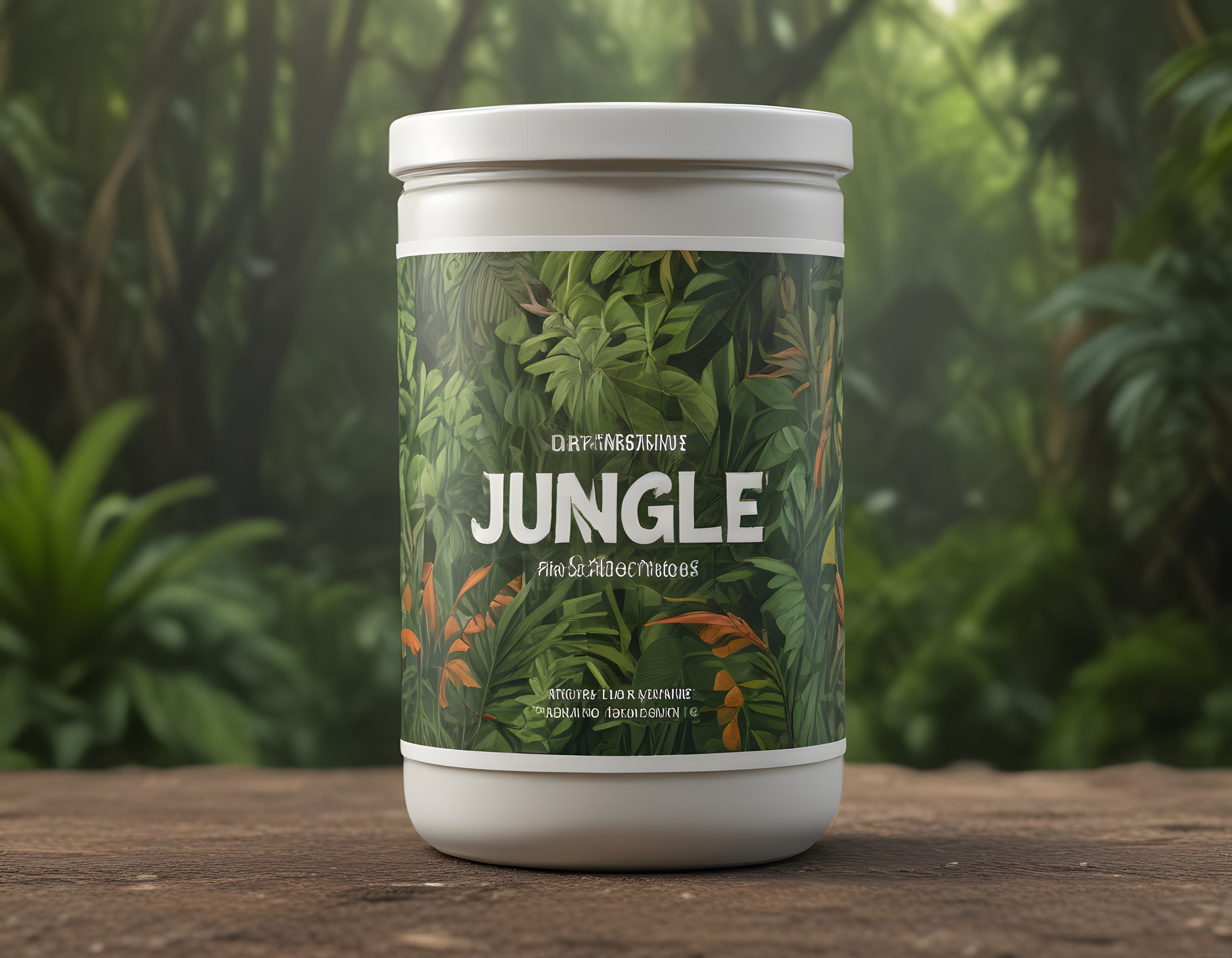 Beyaz kavanozda tropikal yaprak desenli orman etiketi ve yeşil jungle arka planı