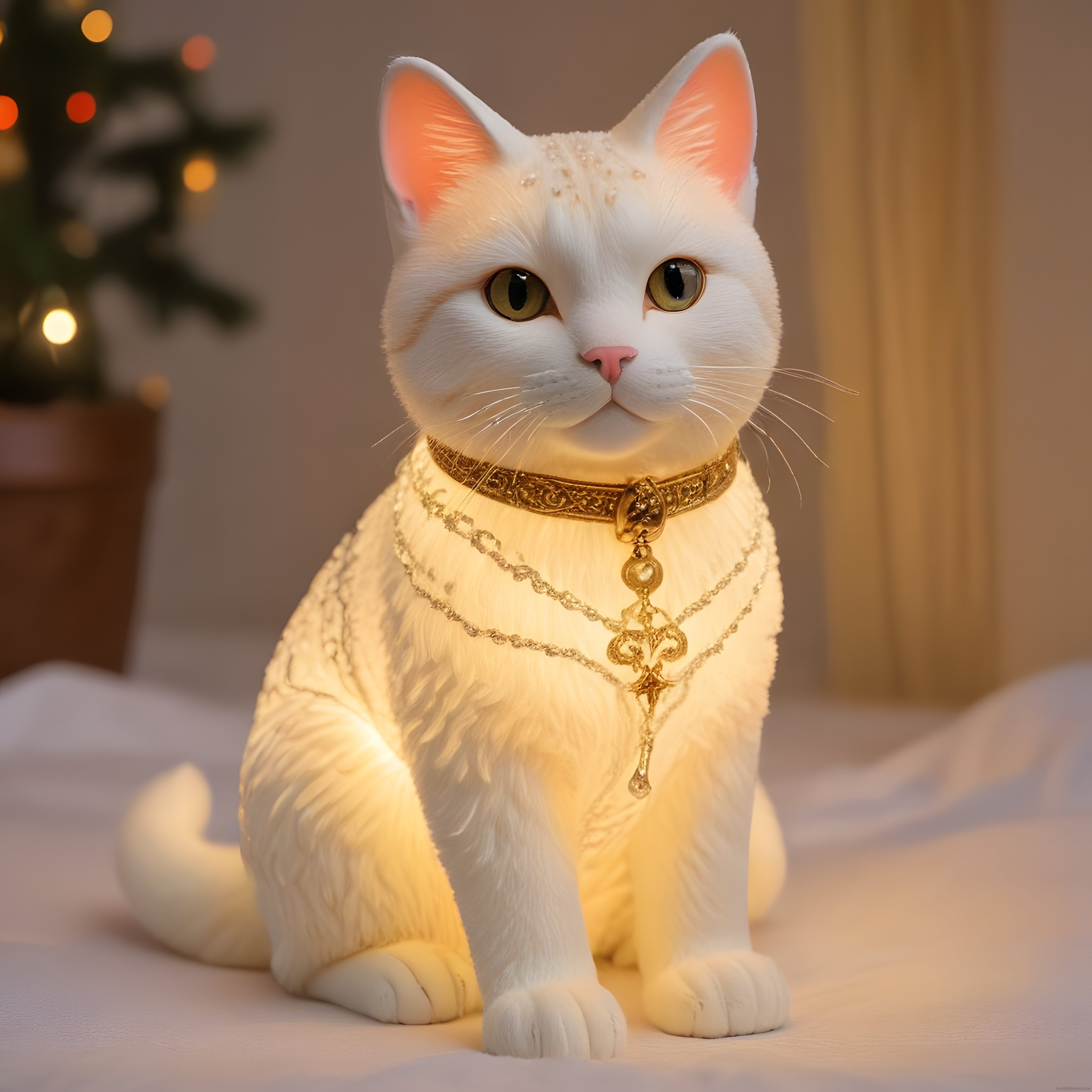 Beyaz Kedi Formunda Altın İşlemeli Dekoratif Gece Lambası ve Yılbaşı Işıkları