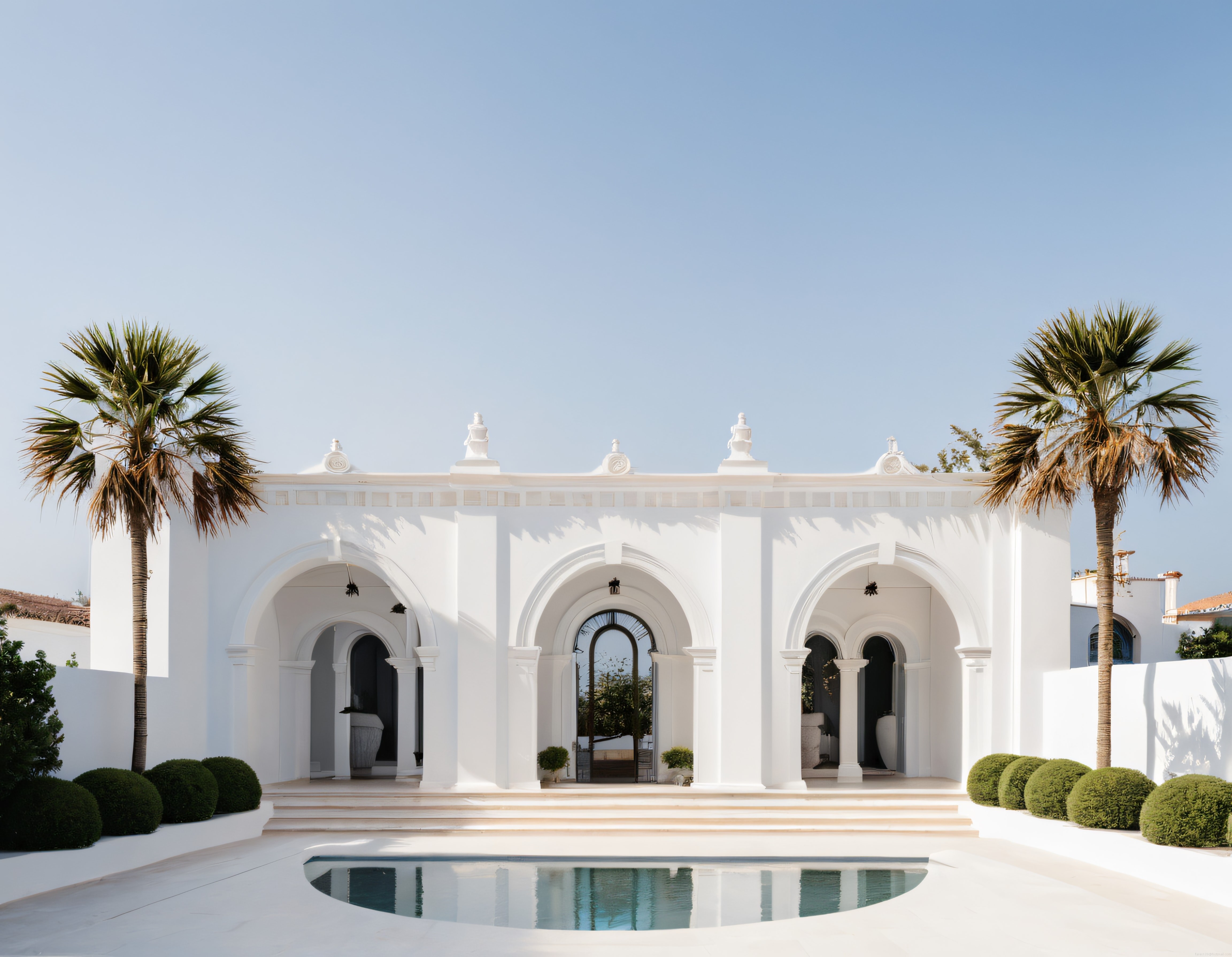 Beyaz Kemerli Lüks Villa ve Yansımalı Havuz Manzarası Akdeniz Stili