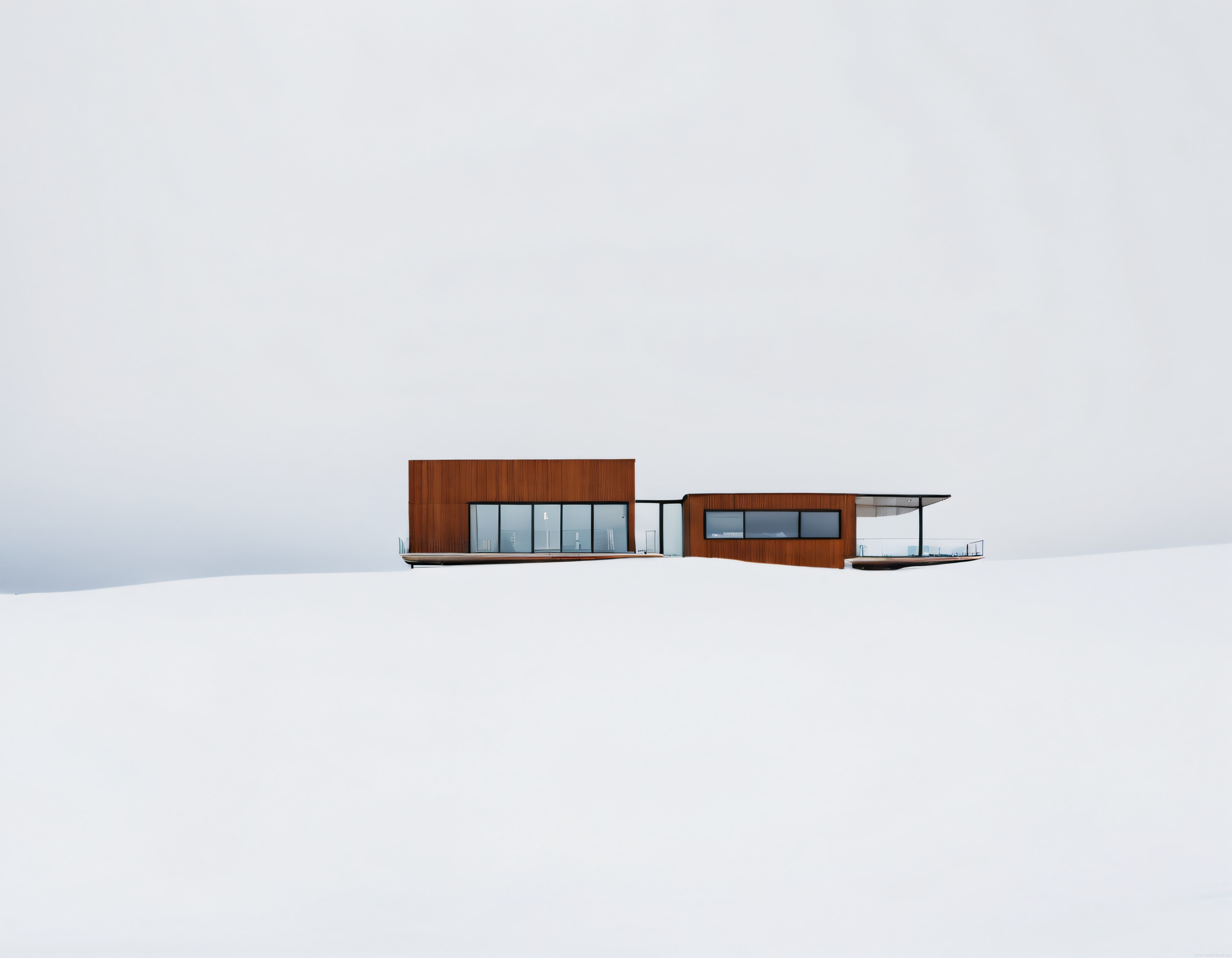 Beyaz kış manzarasında ahşap detaylı modern minimalist ev tasarımı