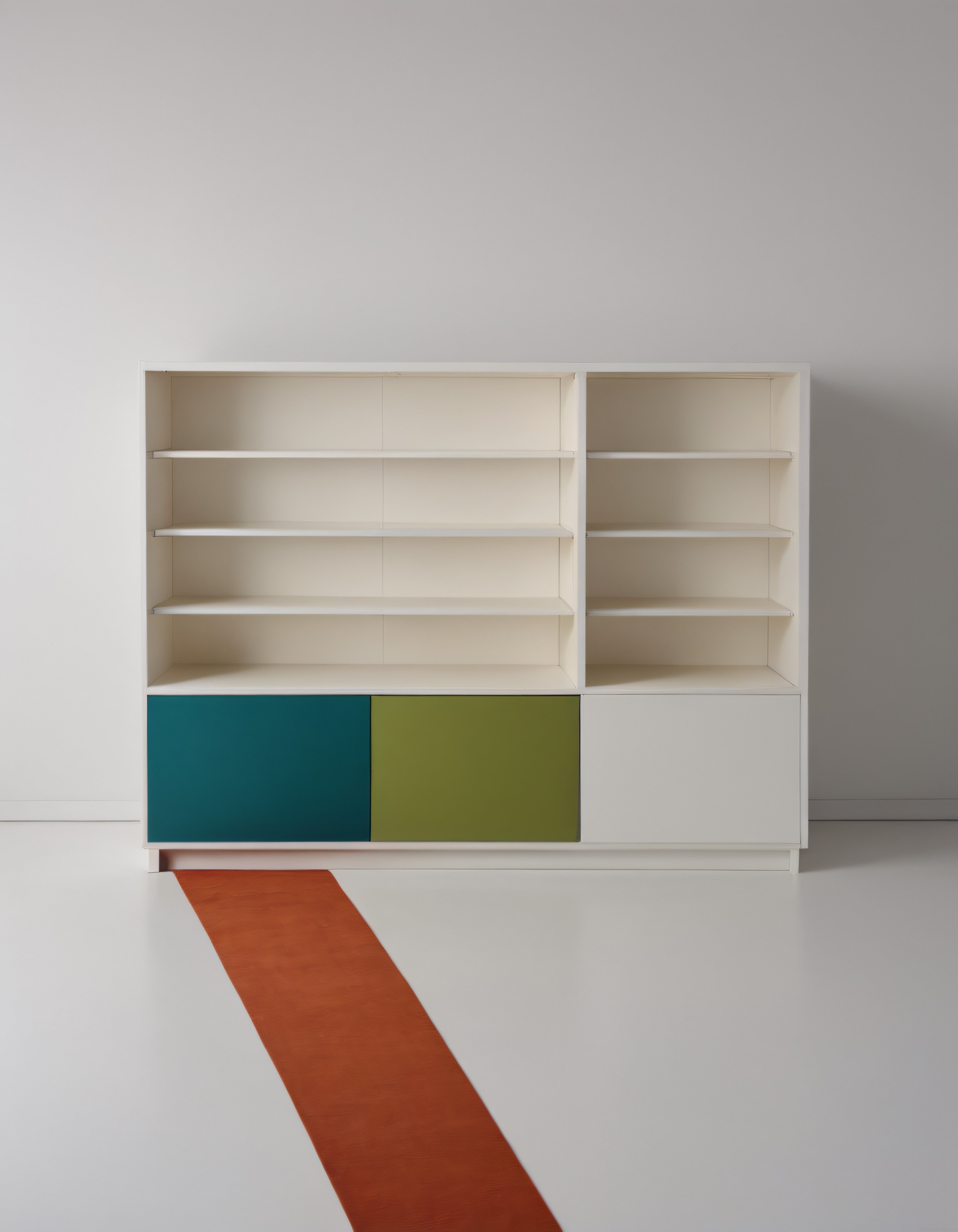 Beyaz kitaplık birimi ve turuncu halı ile modern minimalist dekorasyon